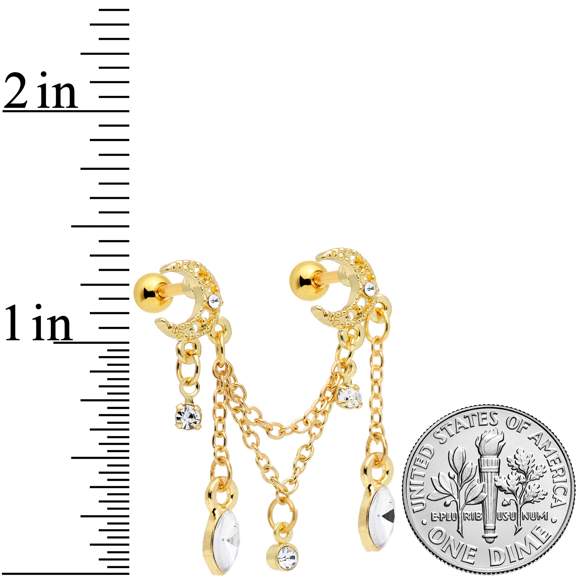 16G 1/4 Clear CZ Gem Gold Hue Moon Dangle Cartilage Chain Earring
