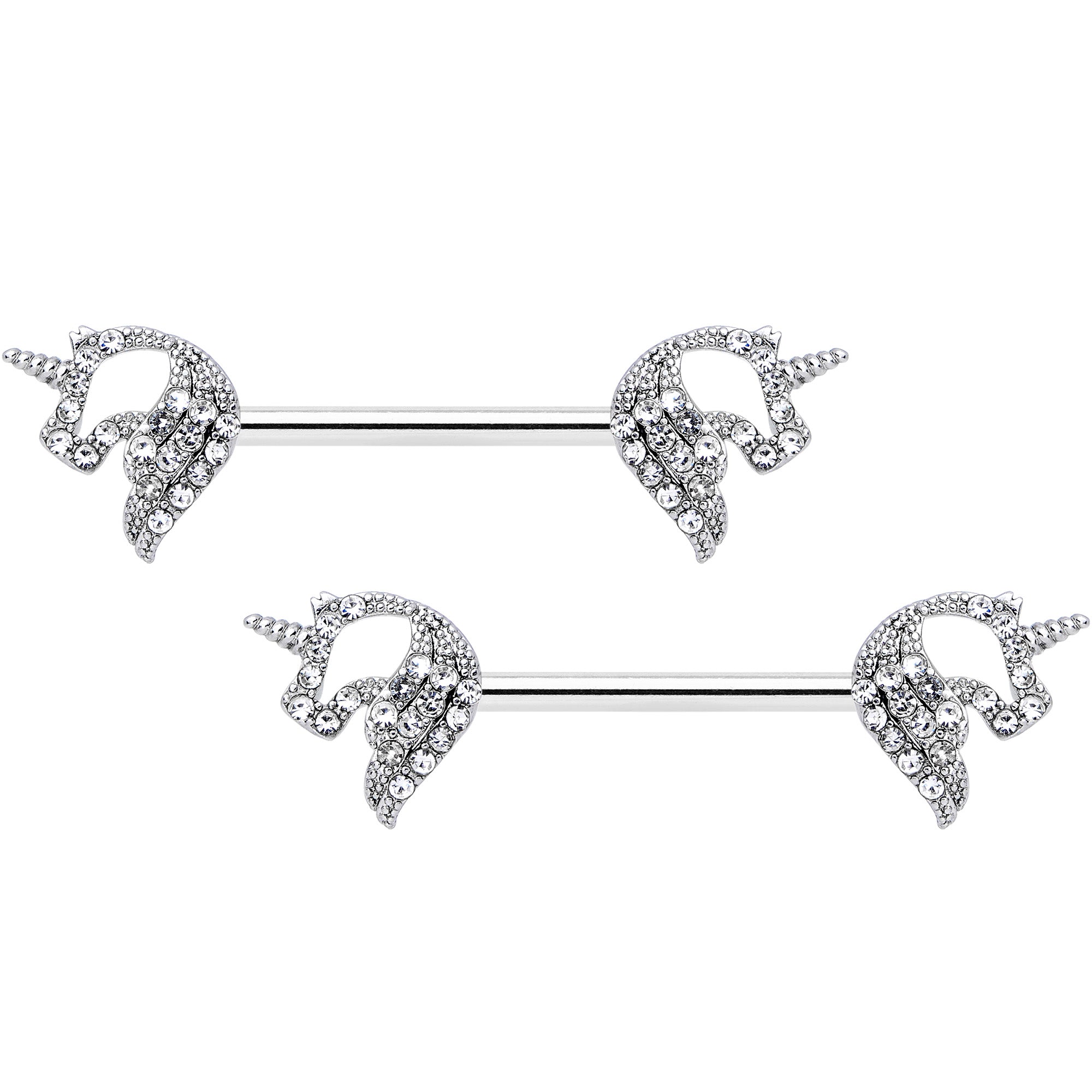 14G 9/16 Clear Gem Silhouette Unicorn Barbell Nipple Ring Set
