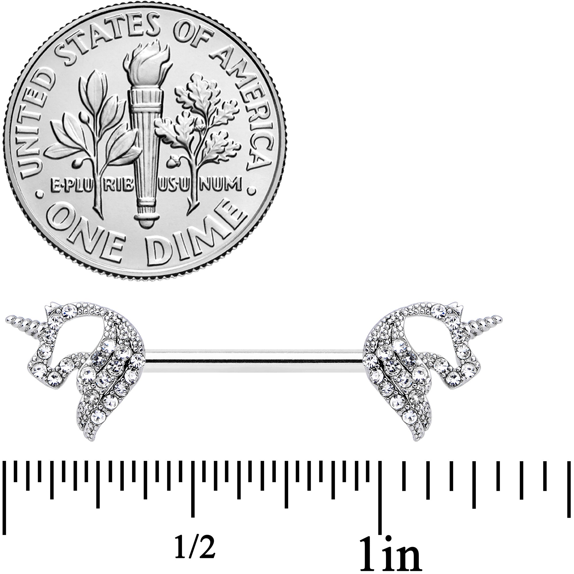 14G 9/16 Clear Gem Silhouette Unicorn Barbell Nipple Ring Set
