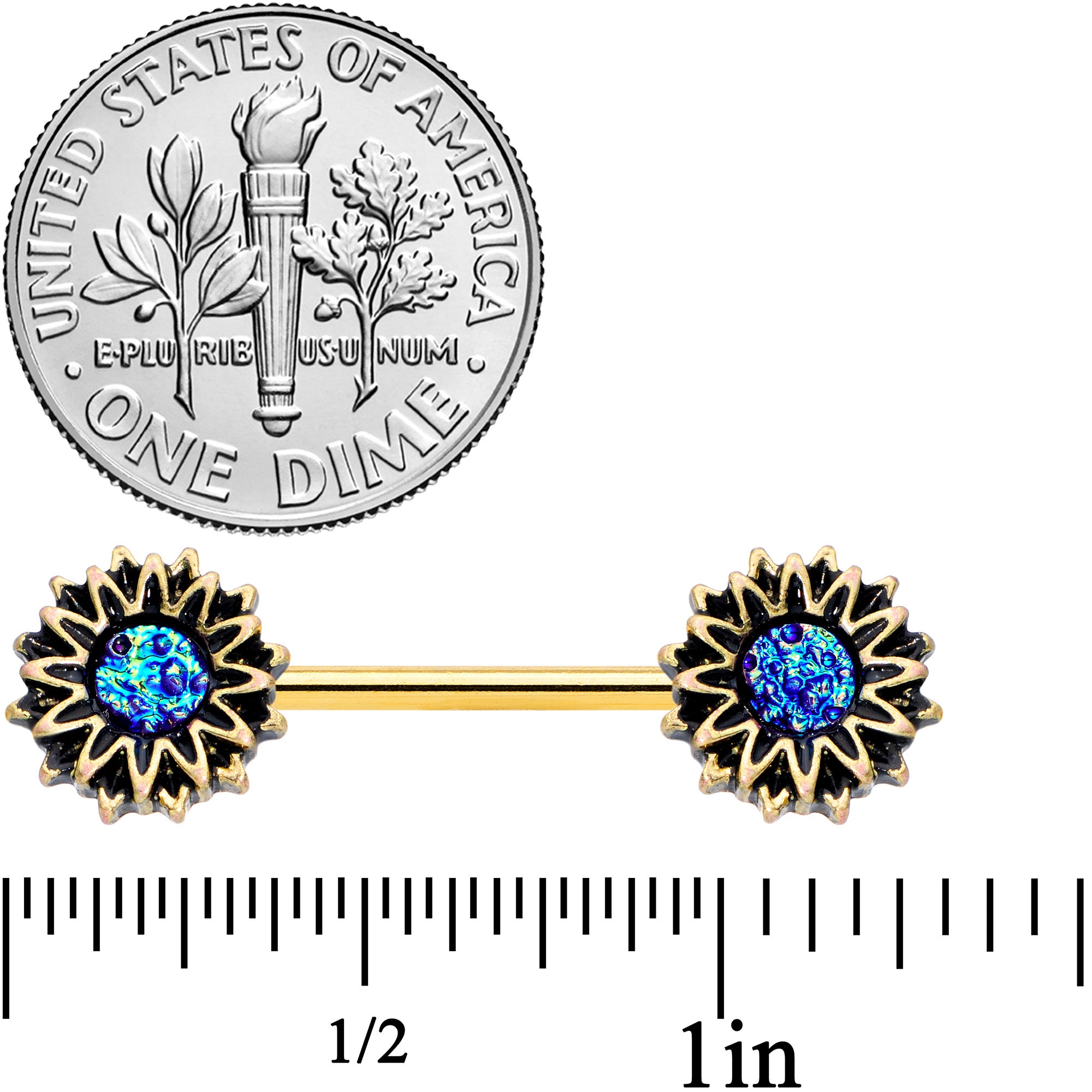 14G 9/16 Gold Tone Aqua Center Sunburst Barbell Nipple Ring Set