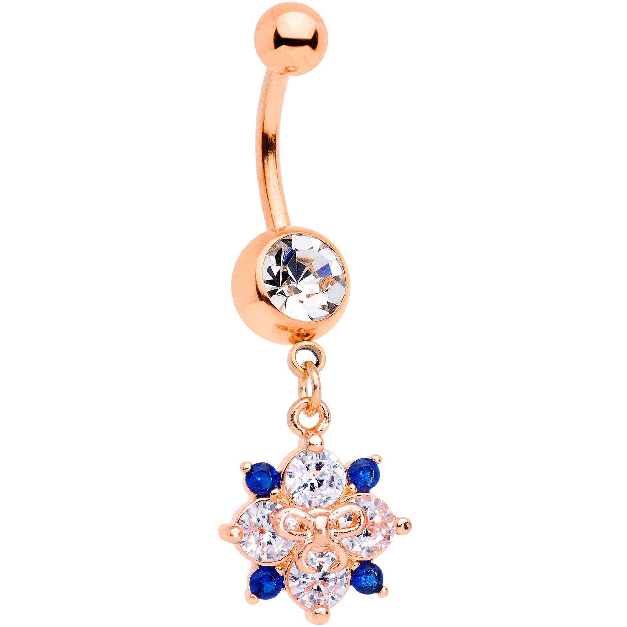 Clear Blue CZ Gem Rose Gold Tone Bow Star Dangle Belly Ring