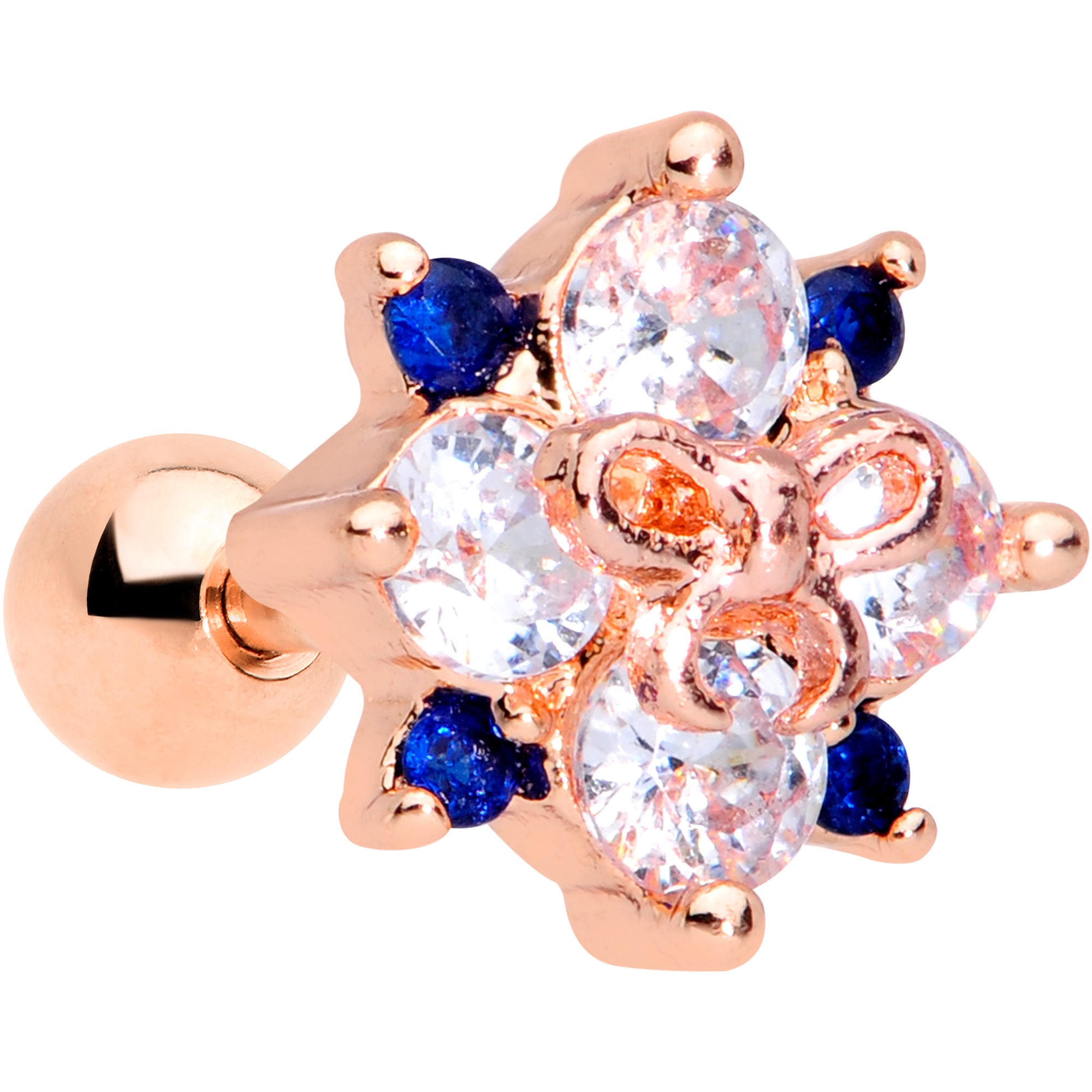 16G 1/4 Clear CZ Gem Rose Gold Tone Bow Star Cartilage Tragus
