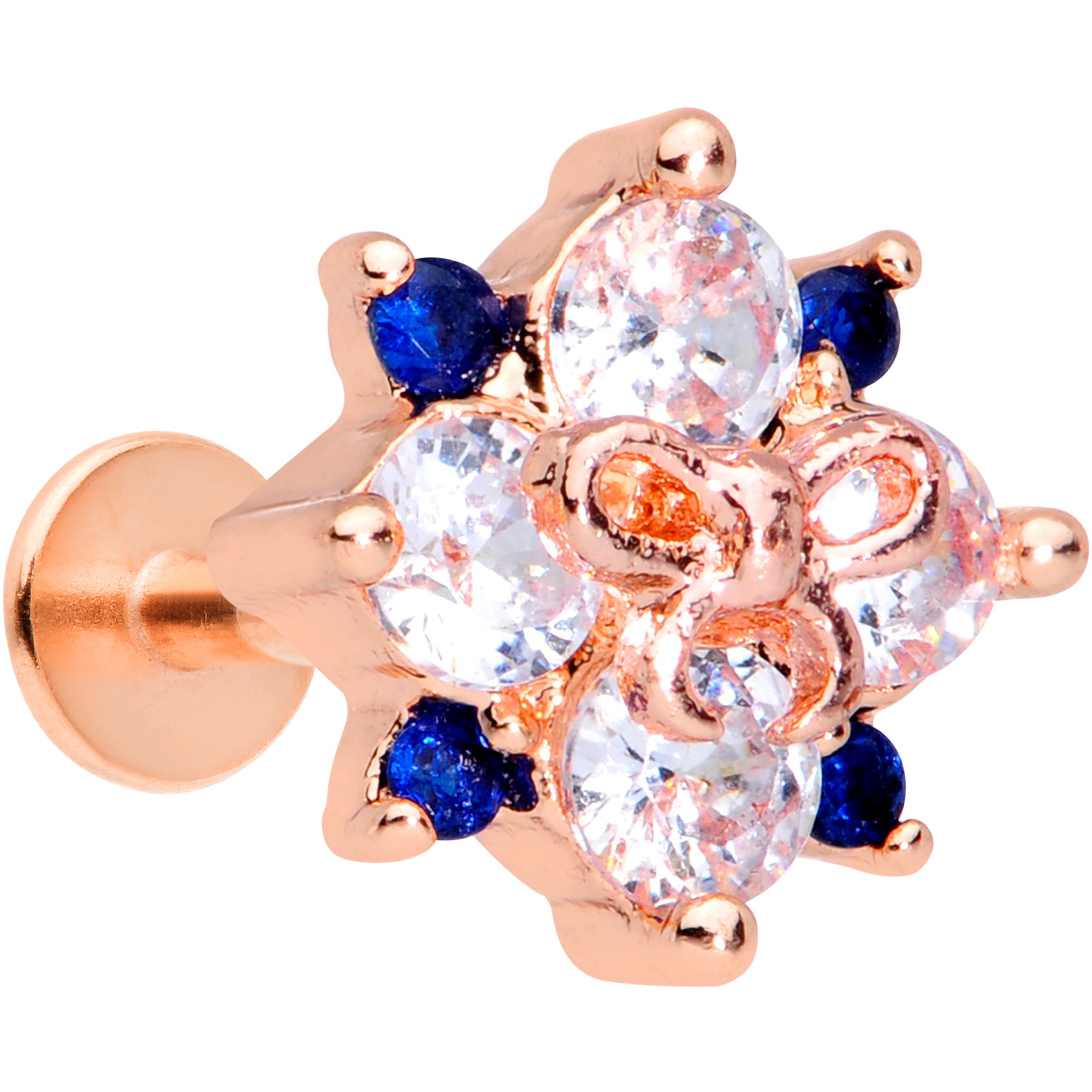 16G 3/8 Clear CZ Gem Rose Gold Tone Bow Star Labret Monroe Tragus