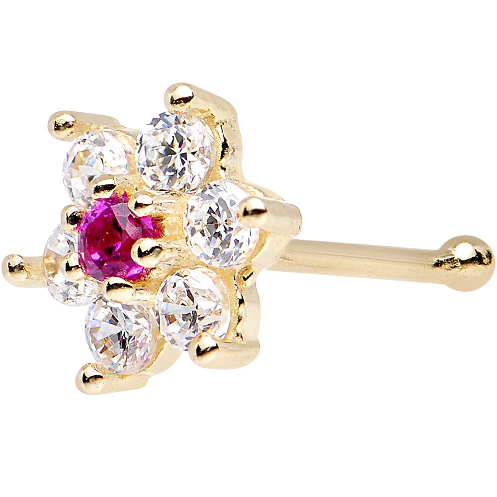 Solid 14KT Yellow GOLD Fuchsia AND Crystalline CZ FLOWER Nose Stud