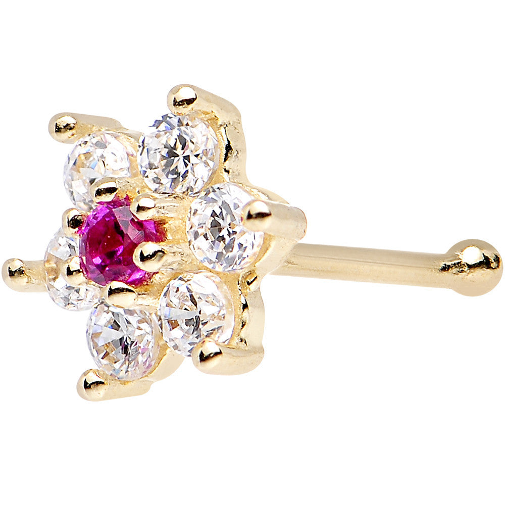 Solid 14K Yellow GOLD Fuchsia CZ FLOWER Nose Stud