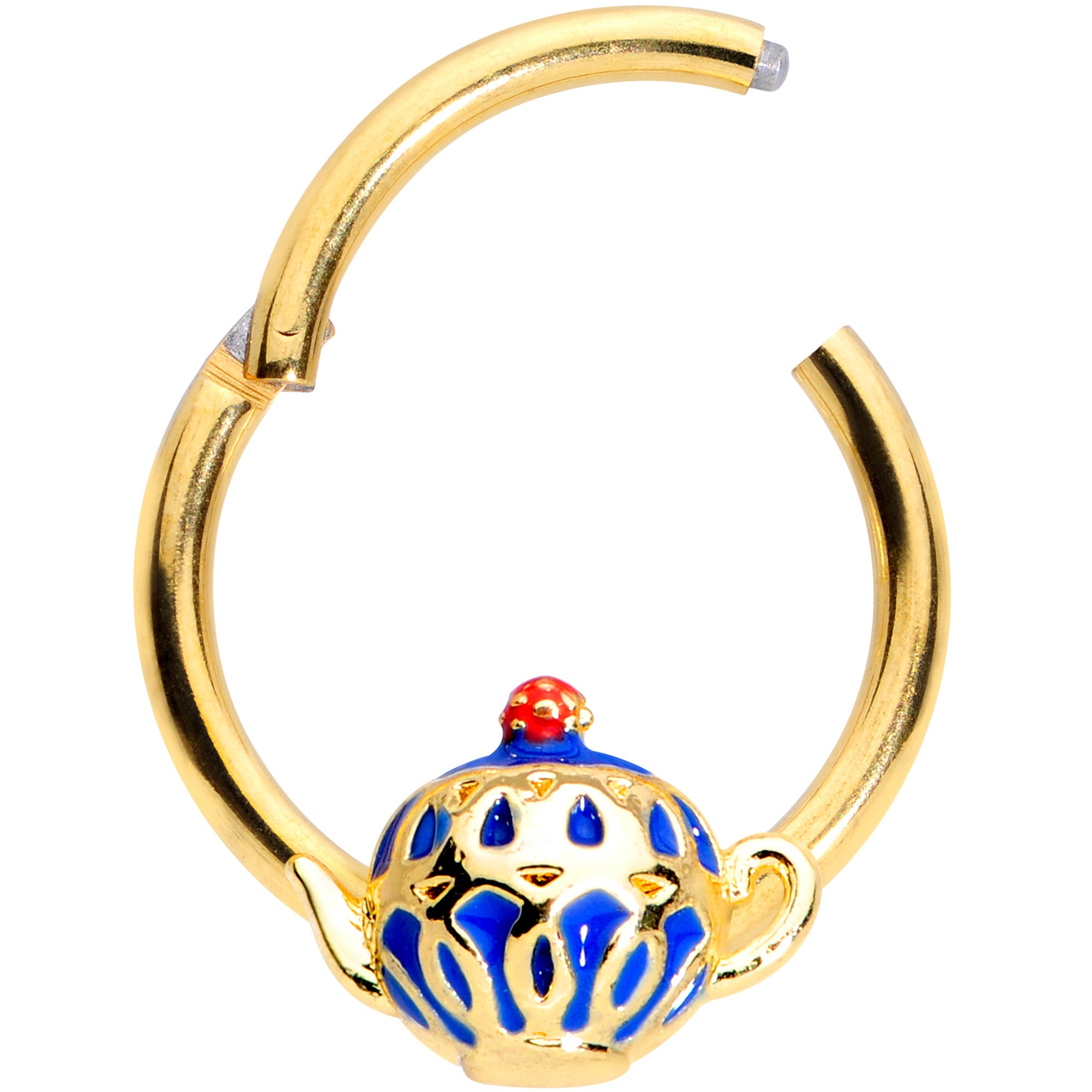 16G 3/8 Gold Tone Blue Teapot Hinged Segment Ring