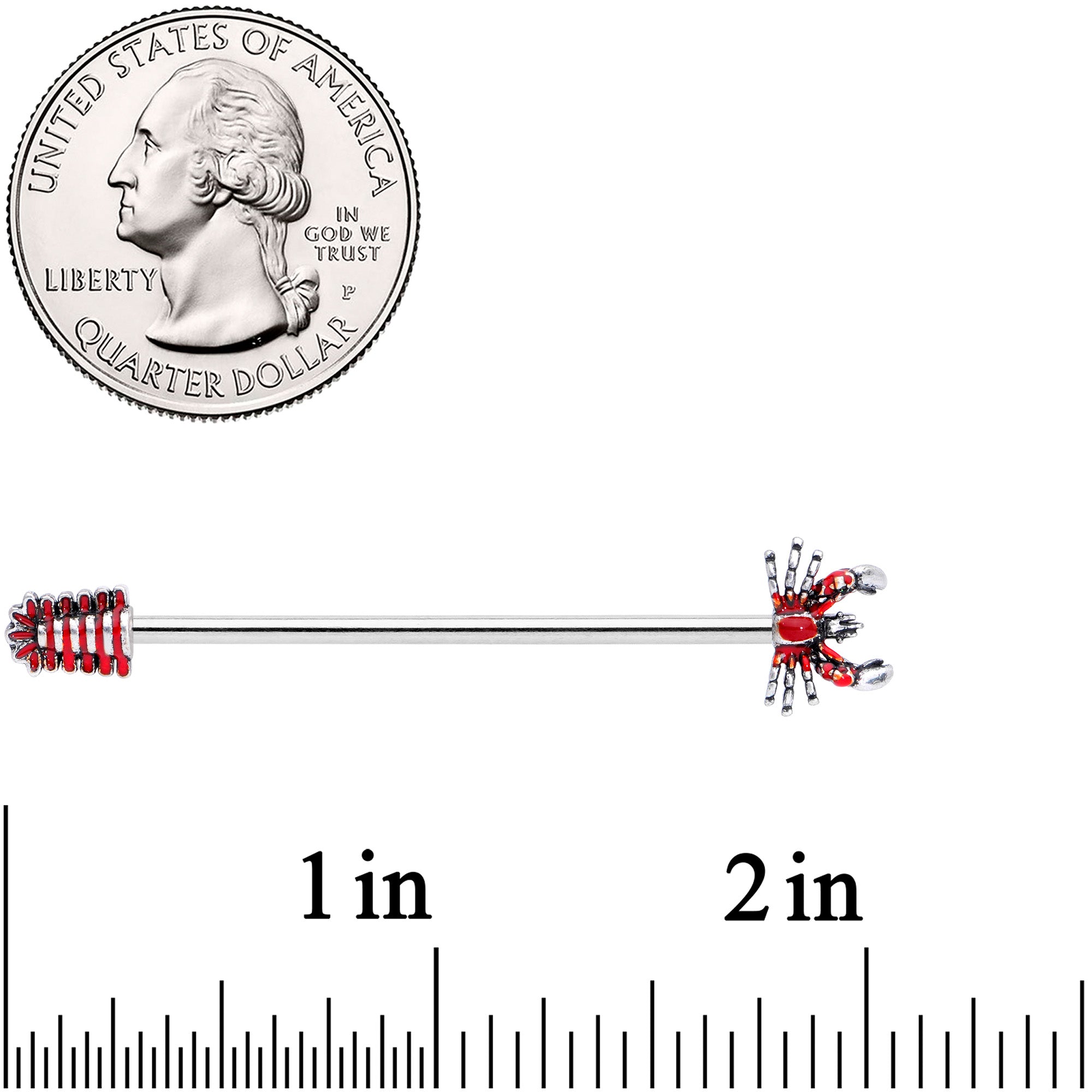 14G Stainless Steel Red Nautical Lobster Industrial Barbell 38mm