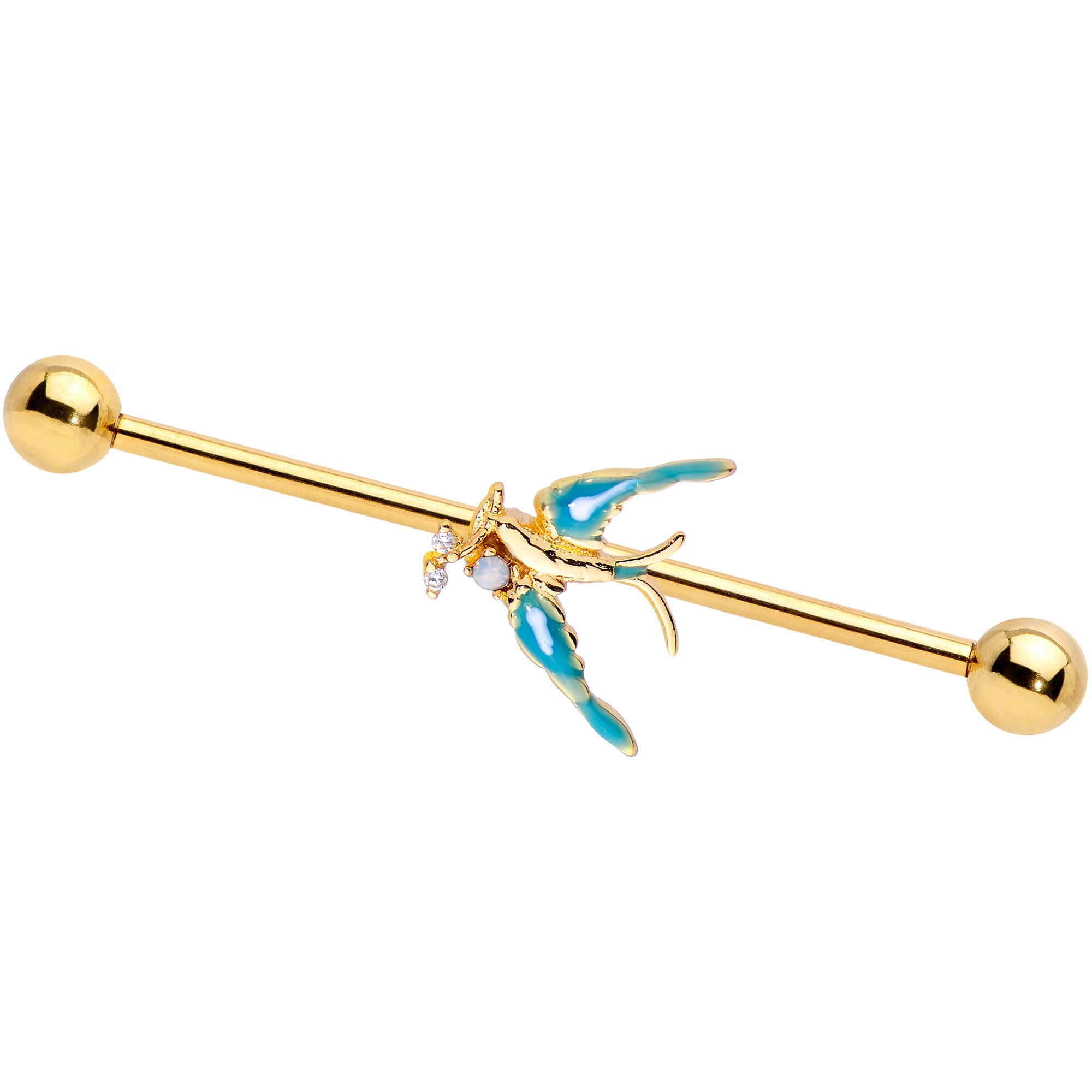 14G Clear CZ Gem Gold Tone Swallow Bird Industrial Barbell 38mm