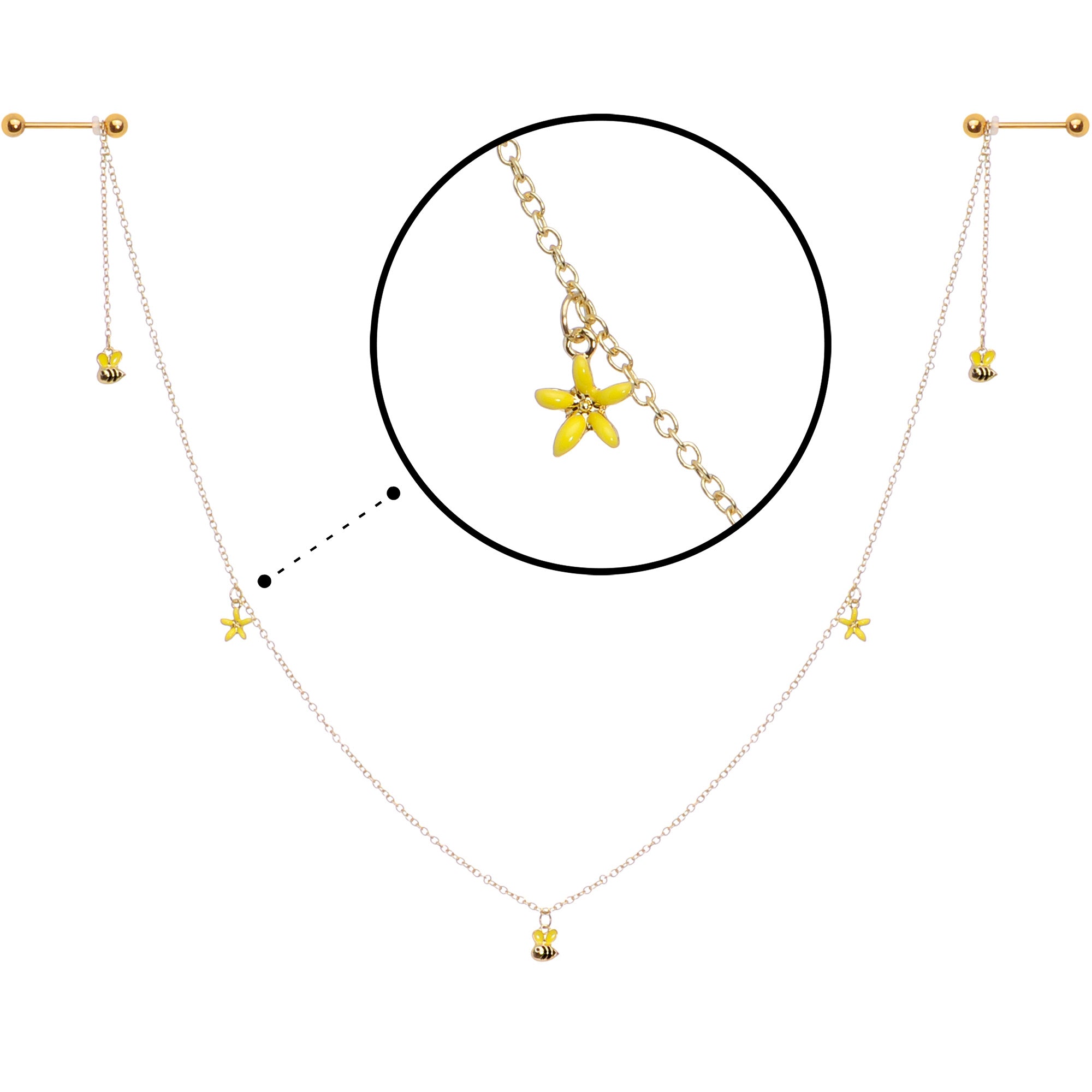 14G 9/16 Gold Tone Yellow Flower Bee Dangle Nipple Chain