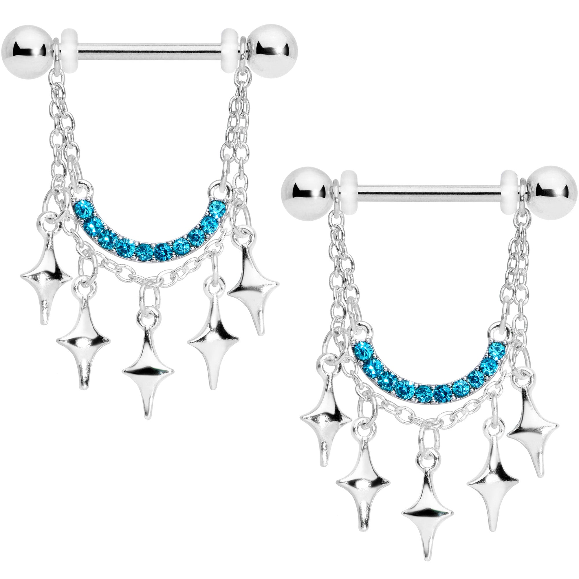 14G 9/16 Aqua Gem Drama Dangle Nipple Ring Set
