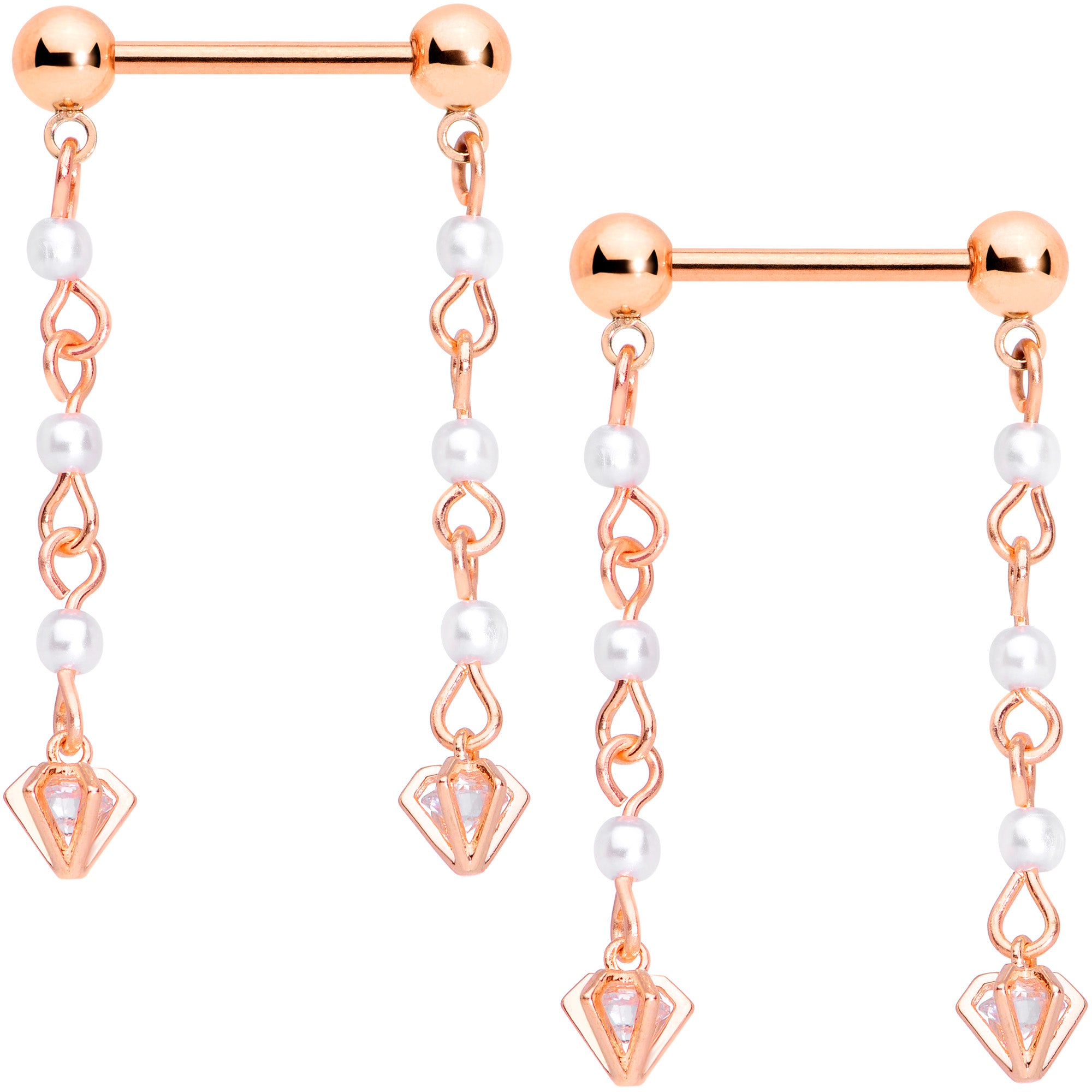 14G 5/8 Clear CZ Gem Rose Gold Tone Orb Dangle Nipple Ring Set