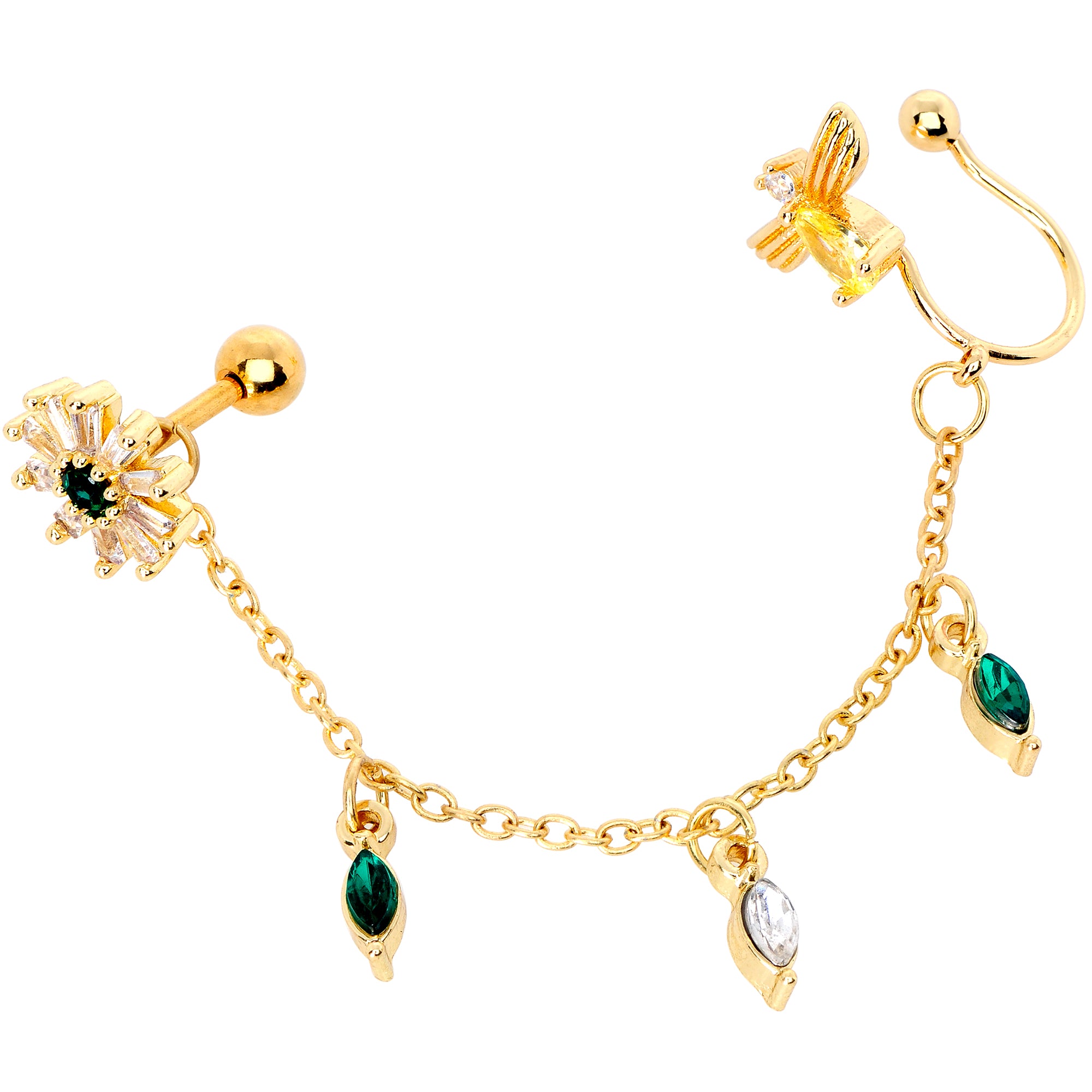 16G 1/4 Green Gem Gold Tone Angel Cuff Chain Right Cartilage