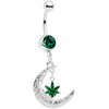 Green Gem Marijuana Pot Leaf Moon Dangle Belly Ring