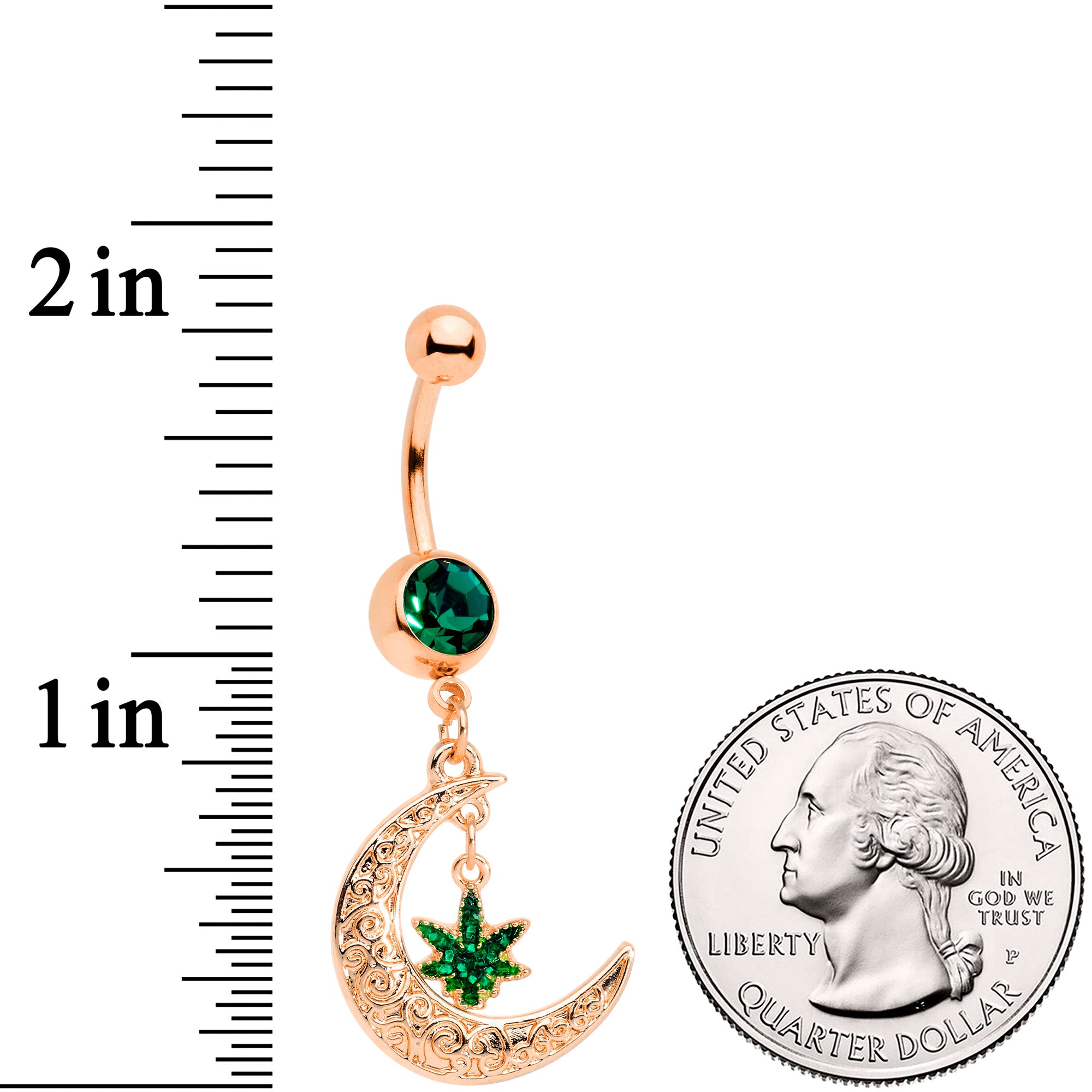 Green Gem Rose Gold Tone Marijuana Pot Leaf Moon Dangle Belly Ring