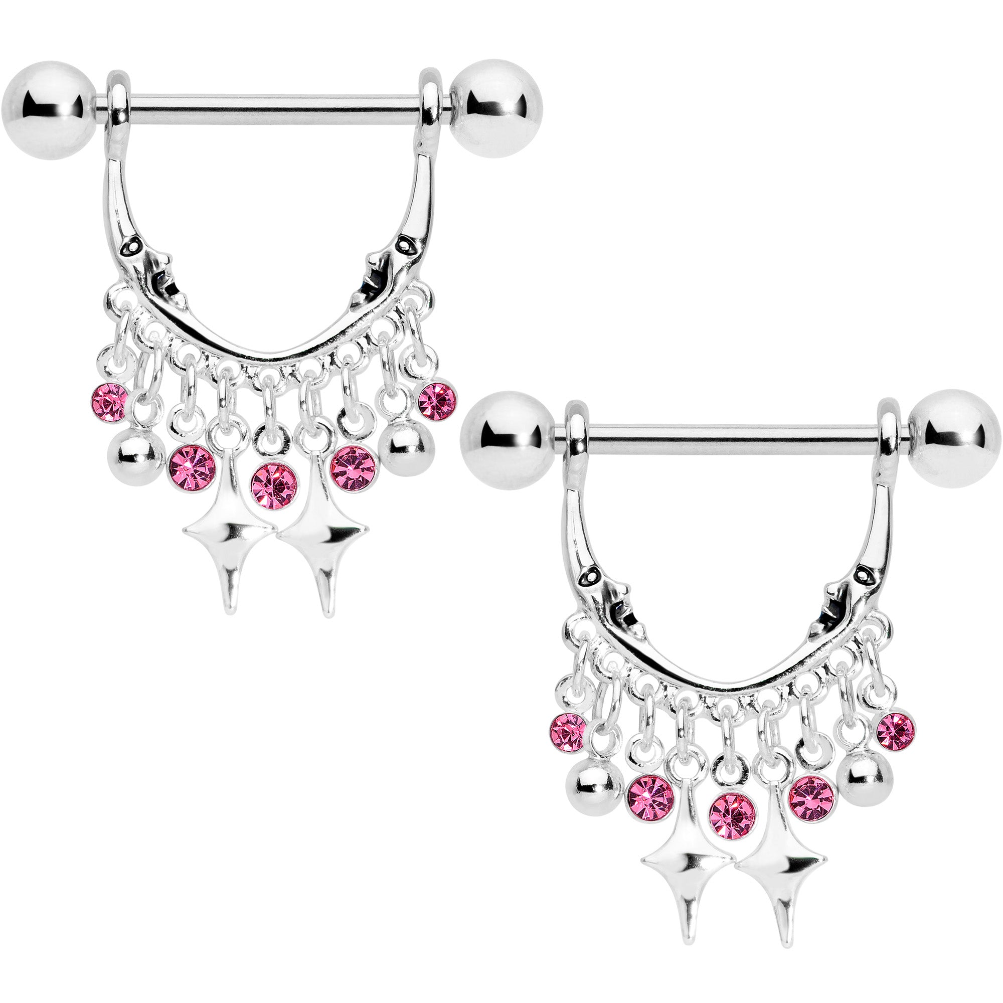 14G 5/8 Pink Gem Moons Dangle Nipple Ring Set