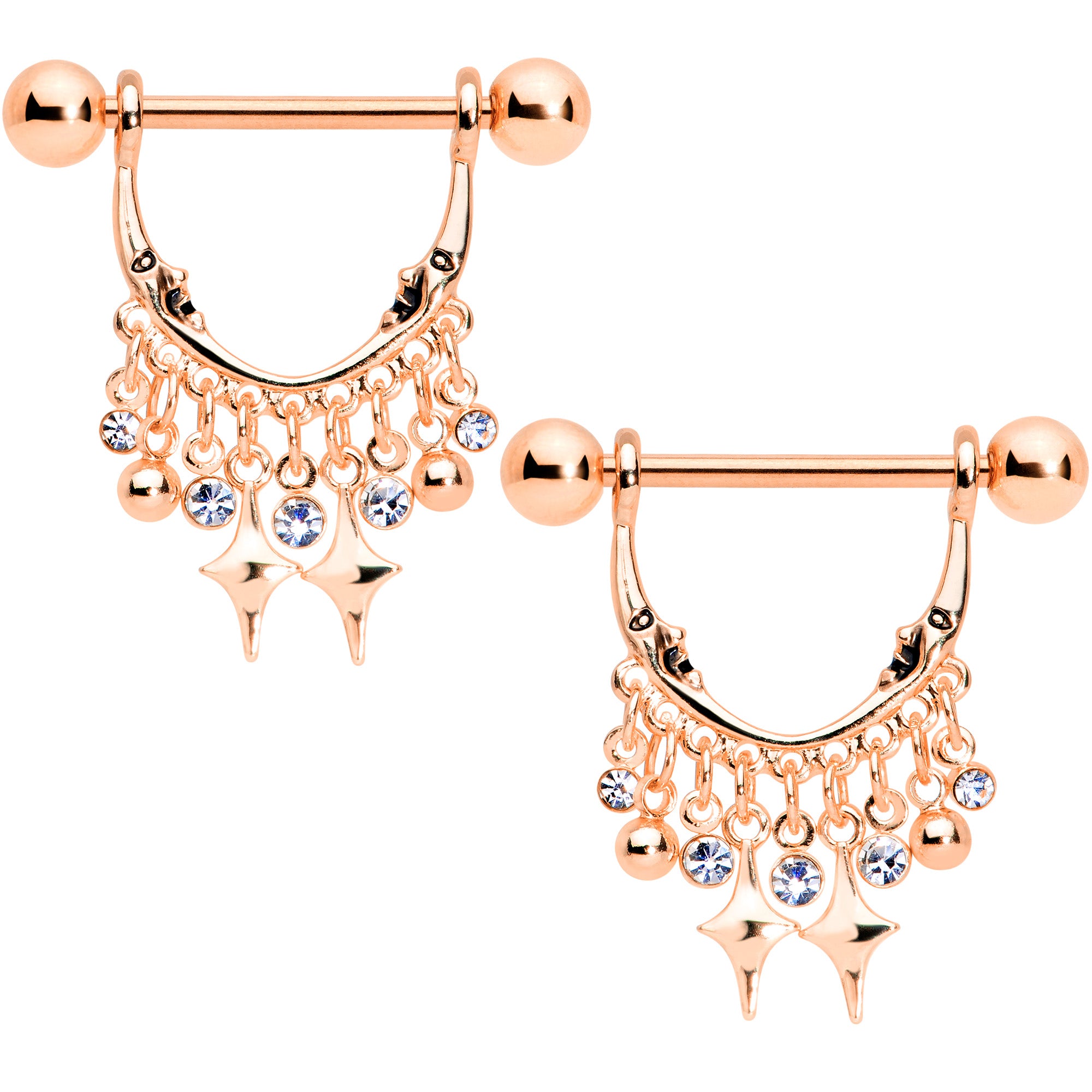 14G 5/8 Clear Gem Rose Gold Tone Moons Dangle Nipple Ring Set