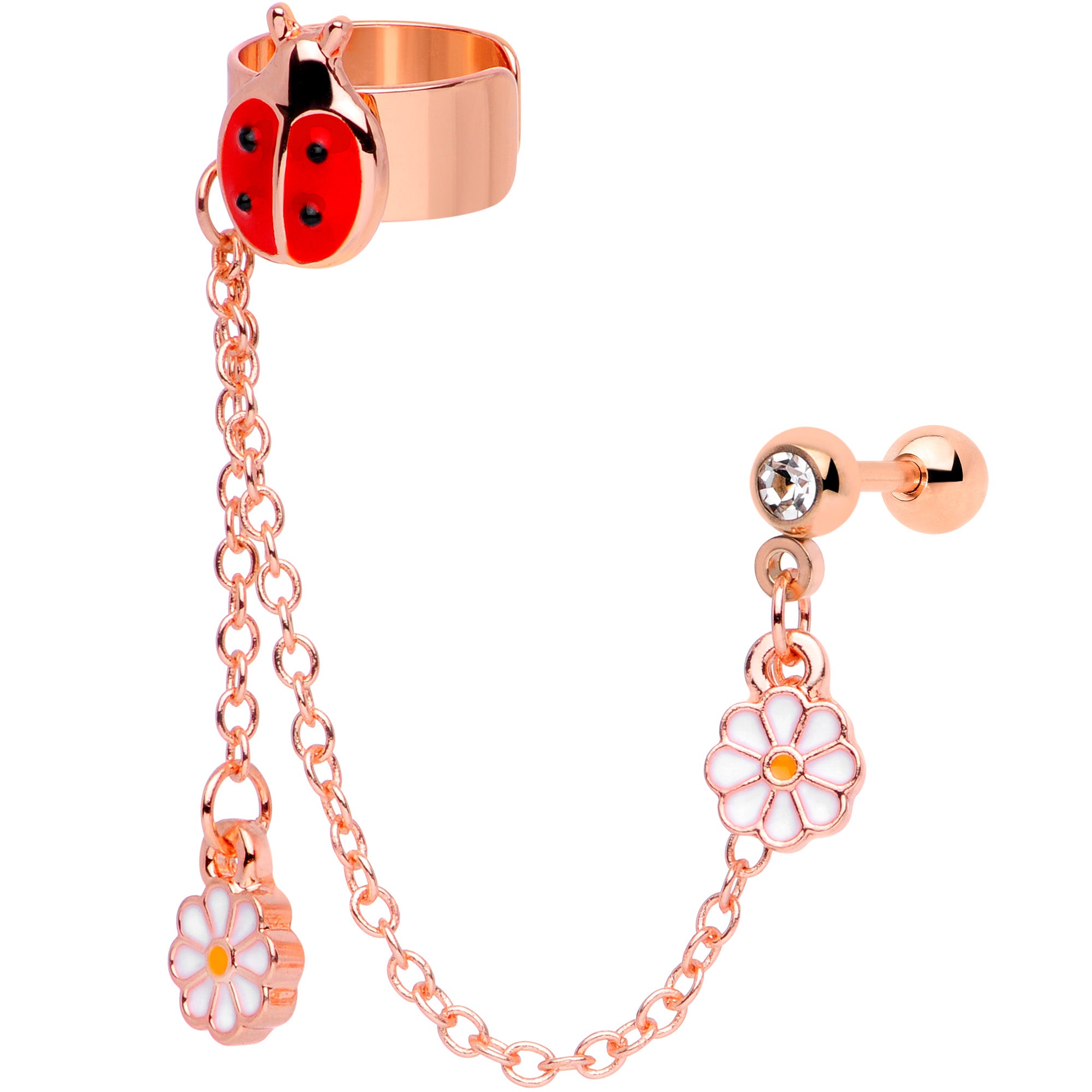16G Rose Gold Tone Ladybug Flower Right Cuff Chain Cartilage Ring