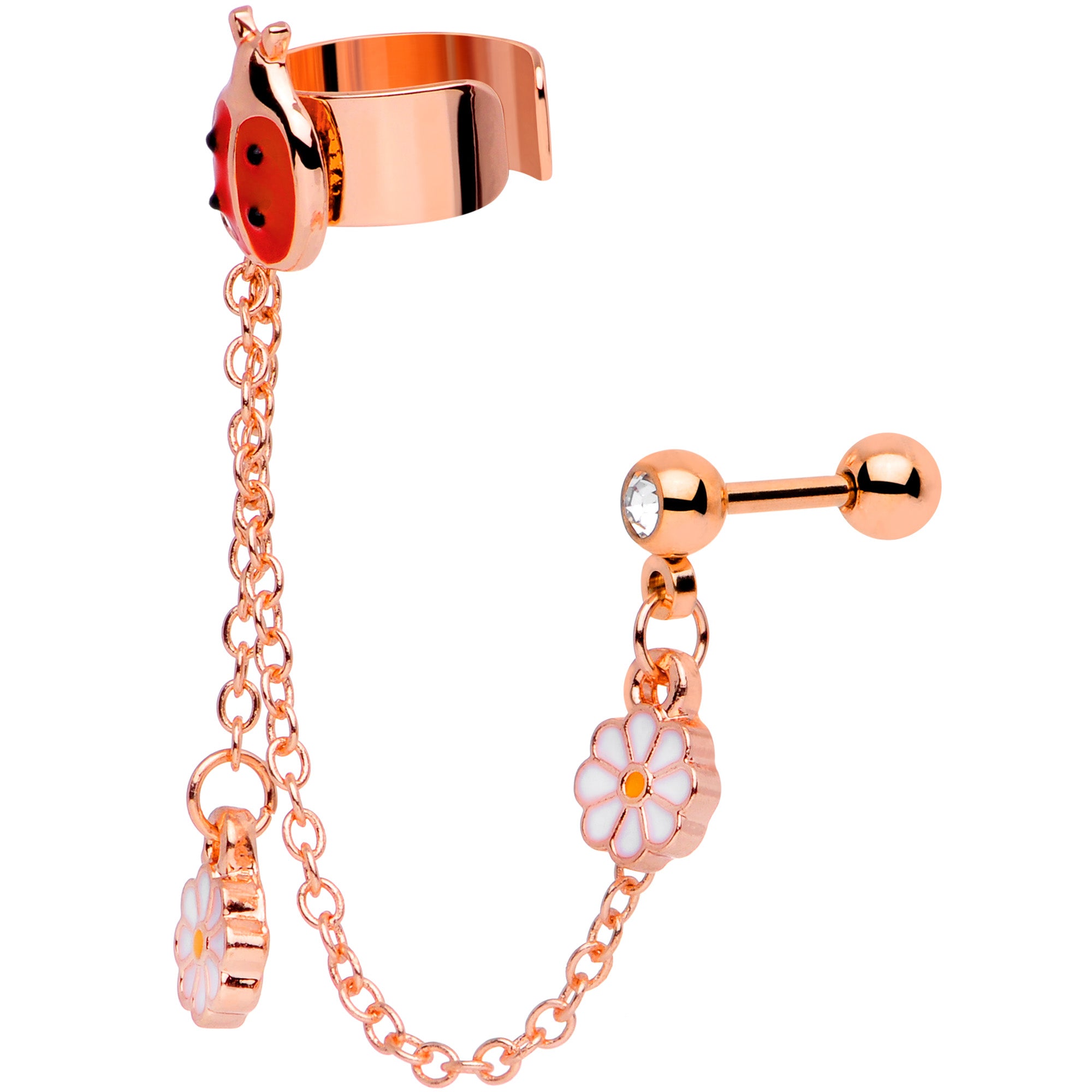 16G Rose Gold Tone Ladybug Flower Right Cuff Chain Cartilage Ring
