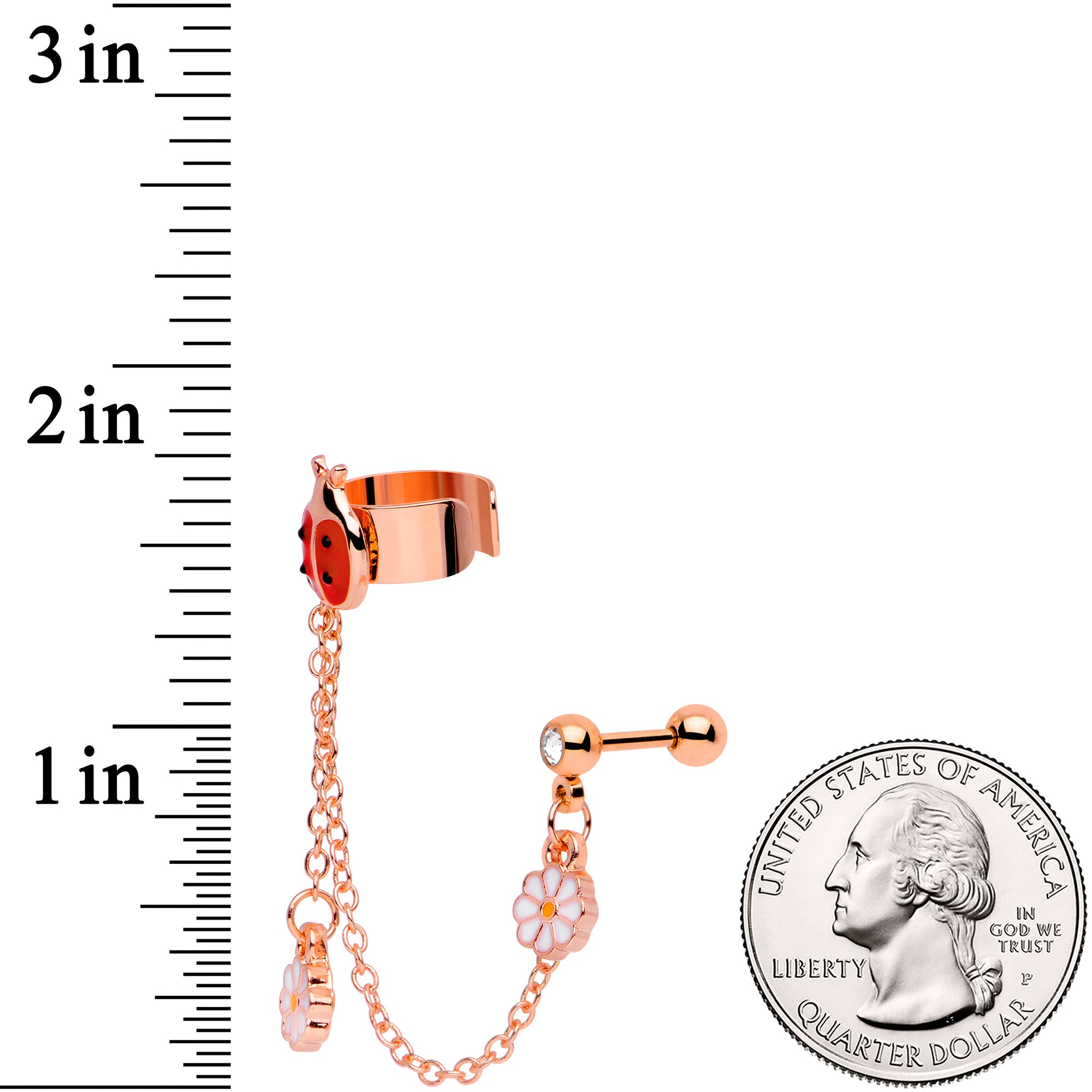 16G Rose Gold Tone Ladybug Flower Right Cuff Chain Cartilage Ring