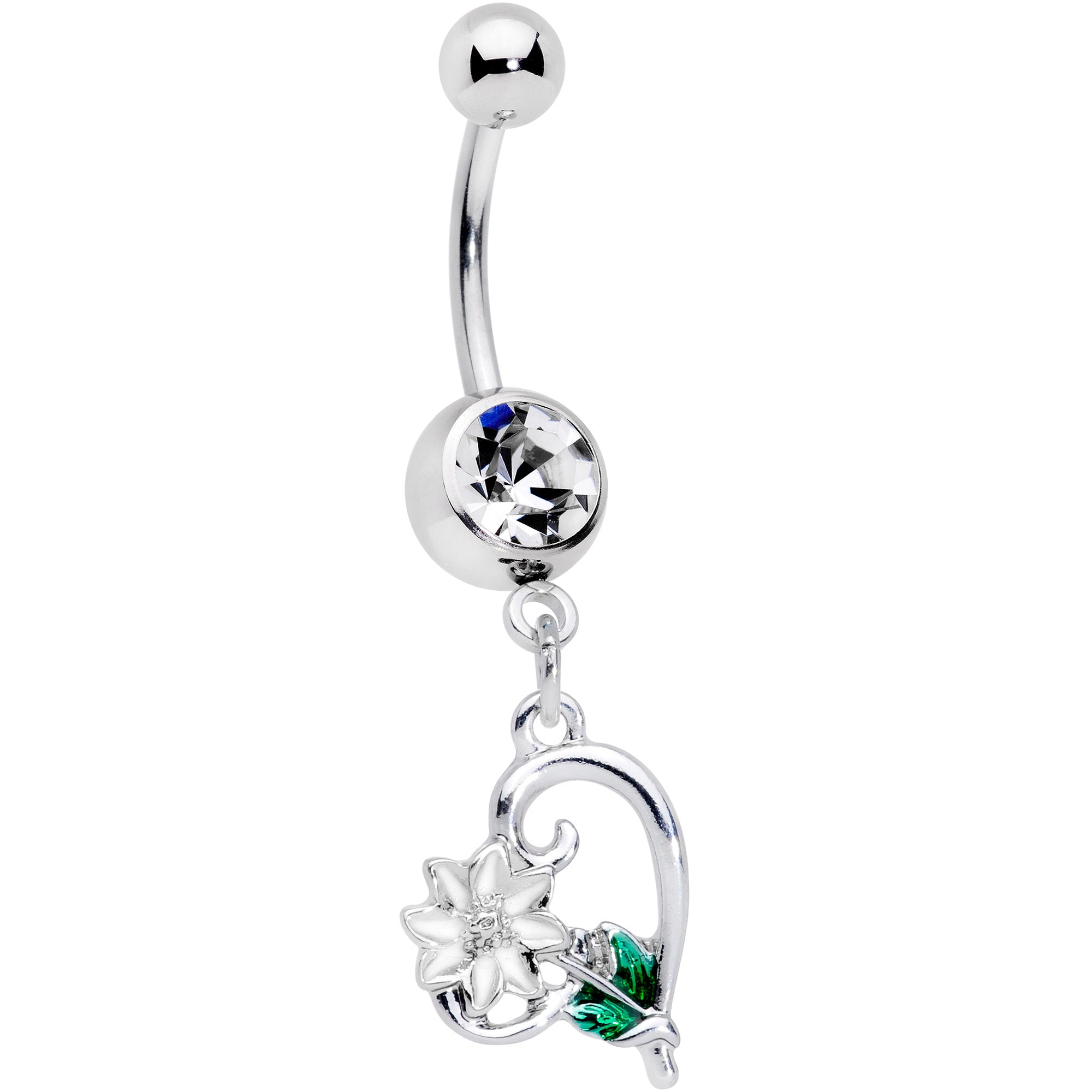 Clear Gem Sweet Flower Heart Dangle Belly Ring