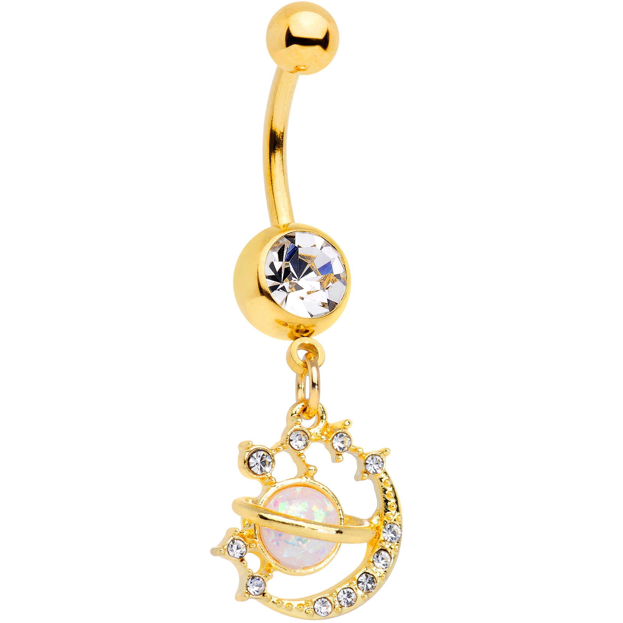Clear Gem Gold Tone White Faux Opal Saturn Moon Dangle Belly Ring