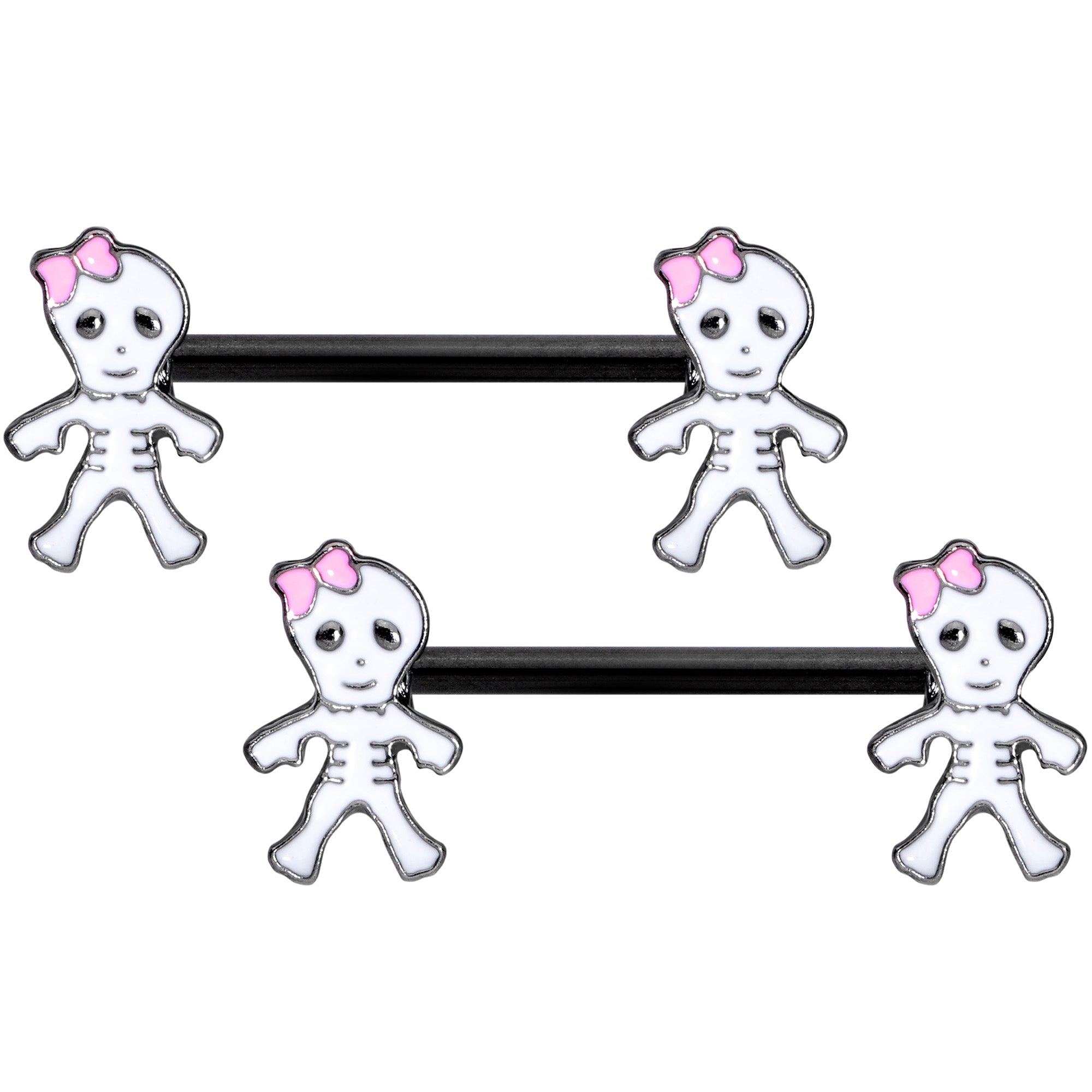 14G 9/16 Black Skeleton Girl Halloween Barbell Nipple Ring Set