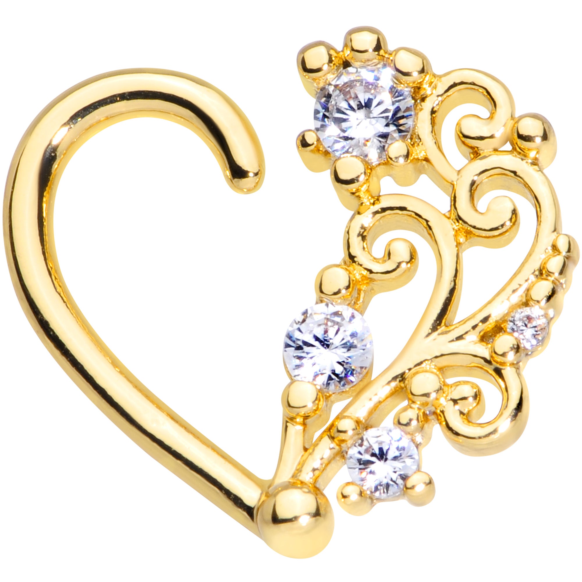 16G 3/8 Clear CZ Gem Gold Tone Wave Open Heart Left Closure Ring