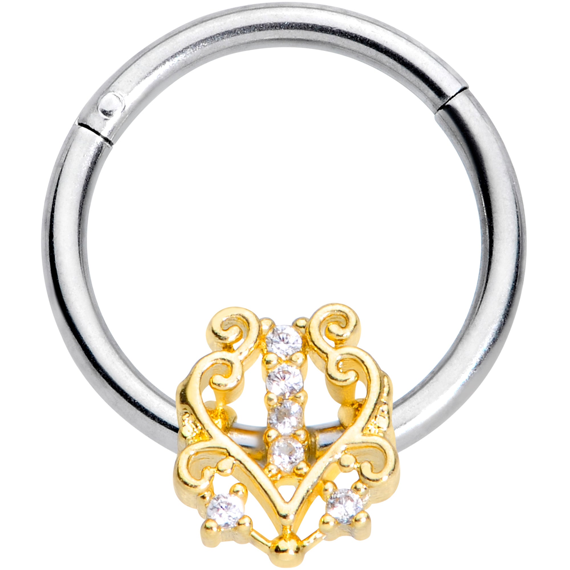 16G 3/8 Clear CZ Gem Fancy Heart Hinged Segment Ring