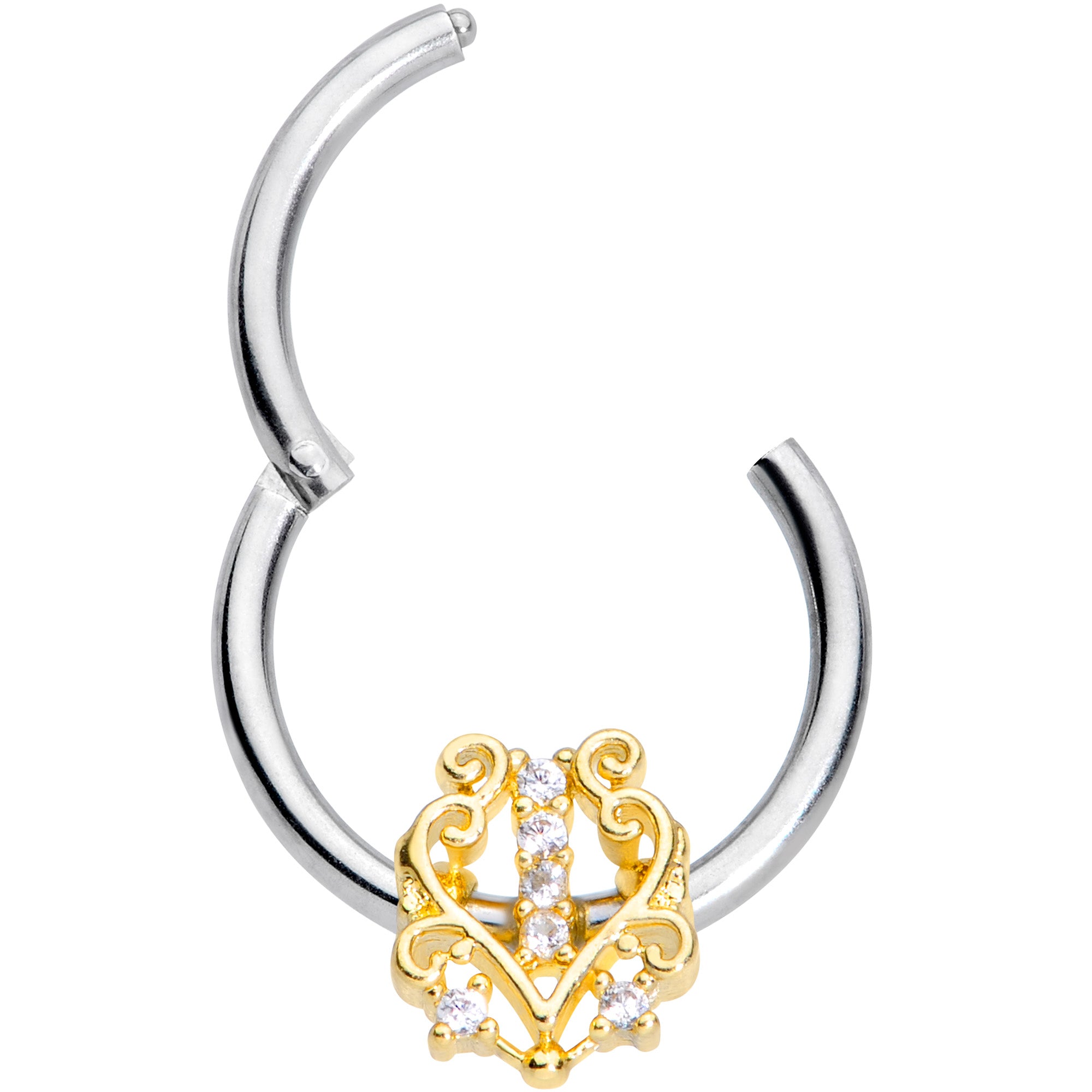 16G 3/8 Clear CZ Gem Fancy Heart Hinged Segment Ring