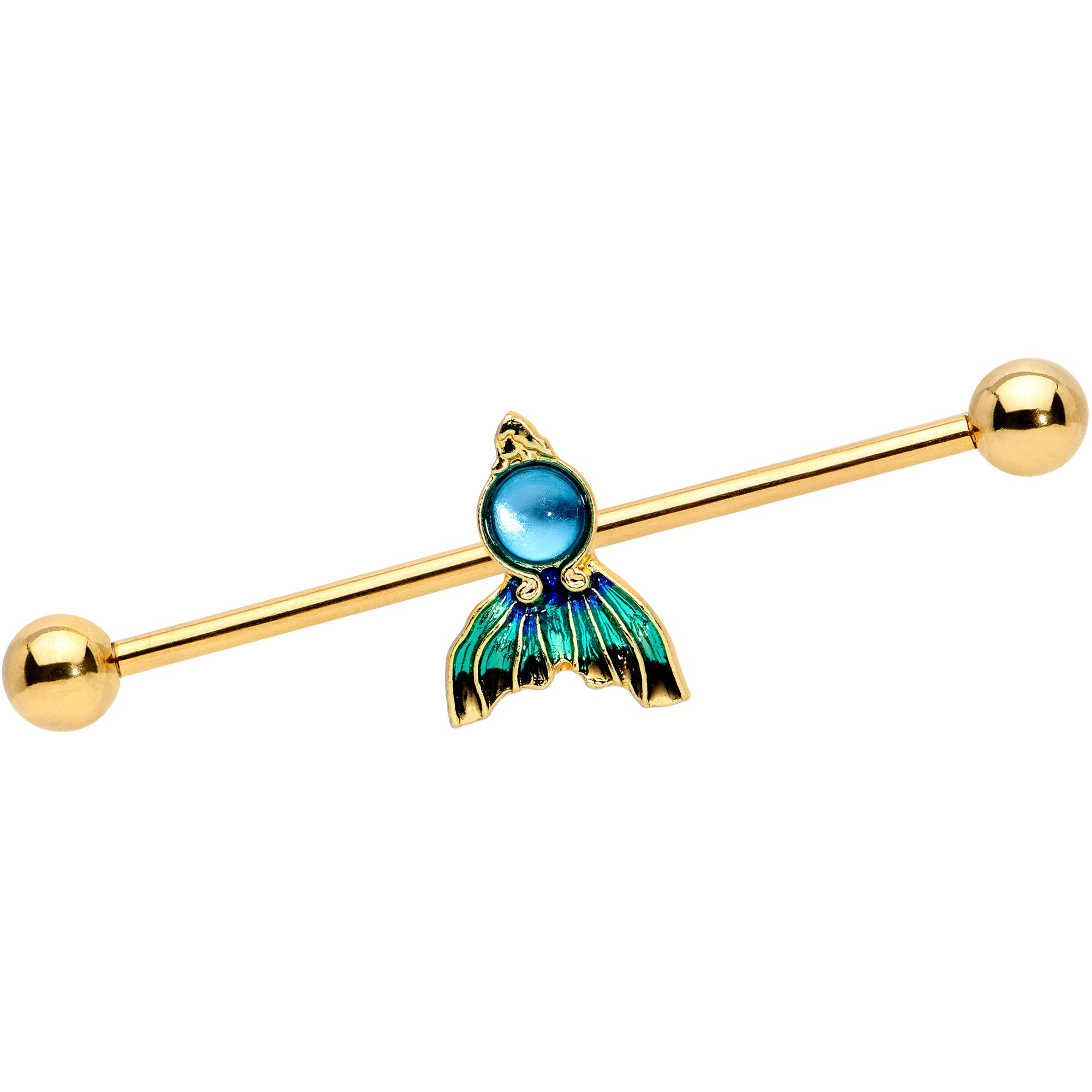 14G Gold Tone Blue Green Mermaid Tail Industrial Barbell 38mm