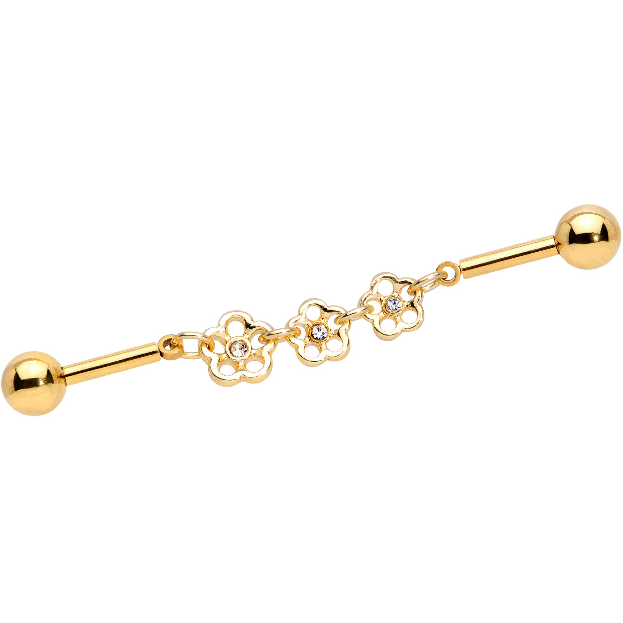 14G Clear Gem Gold Tone Flower Double Industrial Barbell 40mm