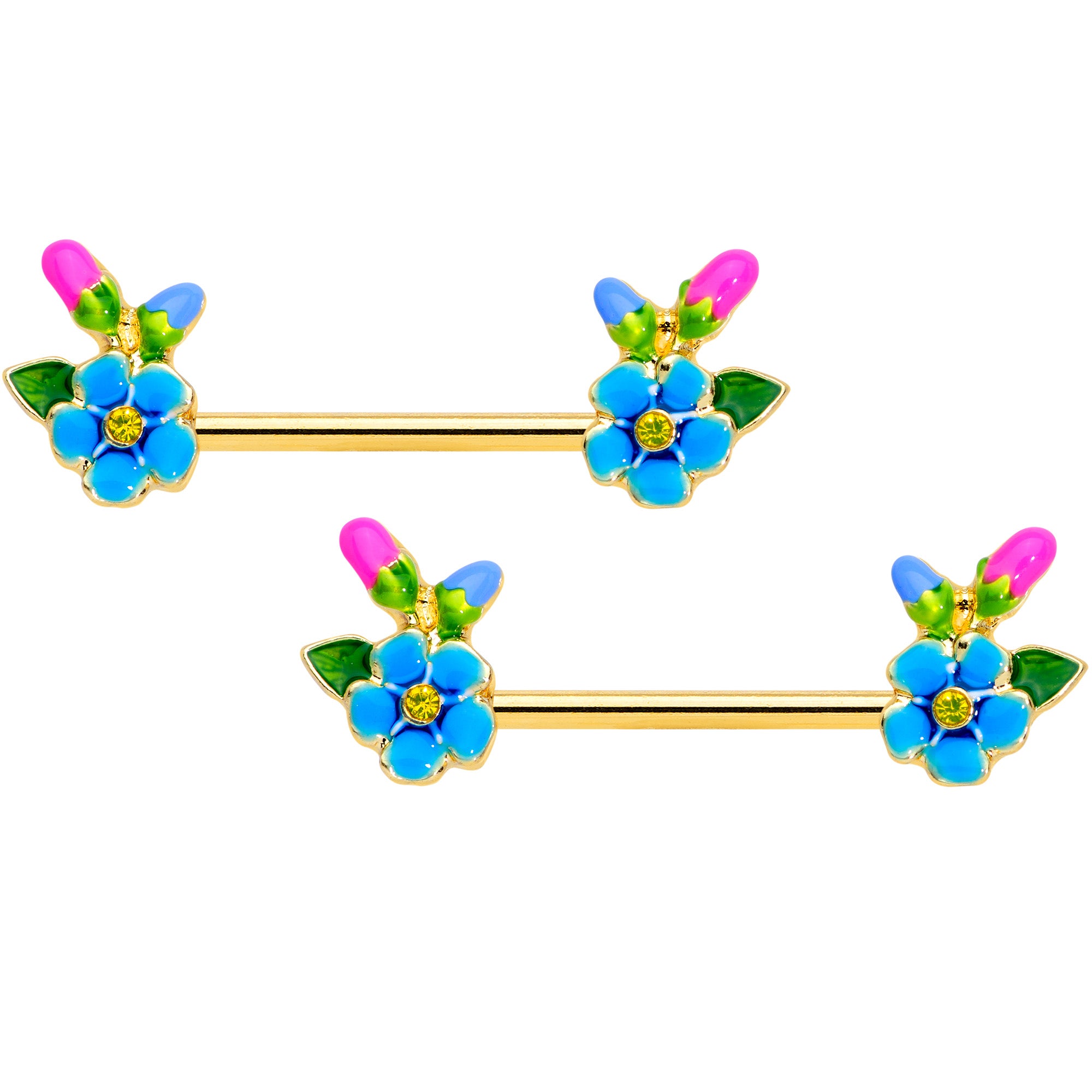14G 9/16 Yellow Gem Gold Tone Neon Flower Barbell Nipple Ring Set