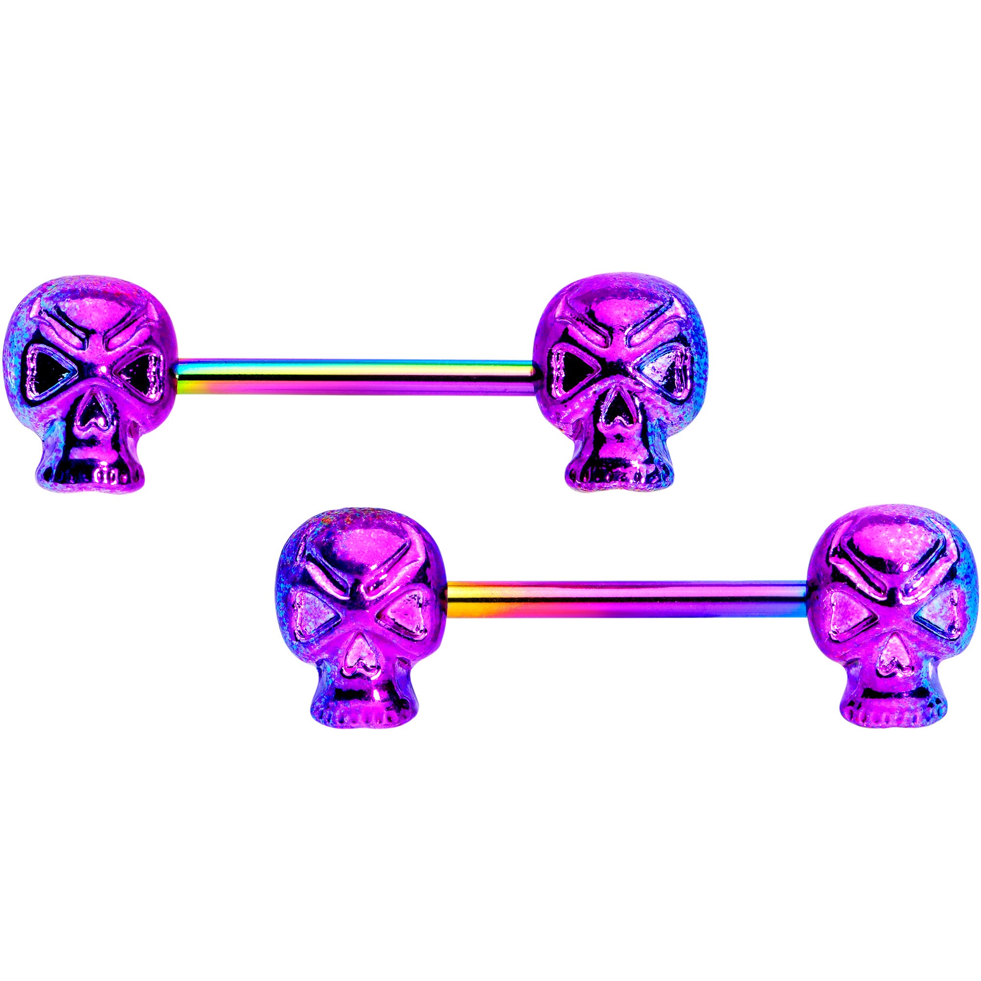 14G 9/16 Rainbow Plated Scary Skull Barbell Nipple Ring Set