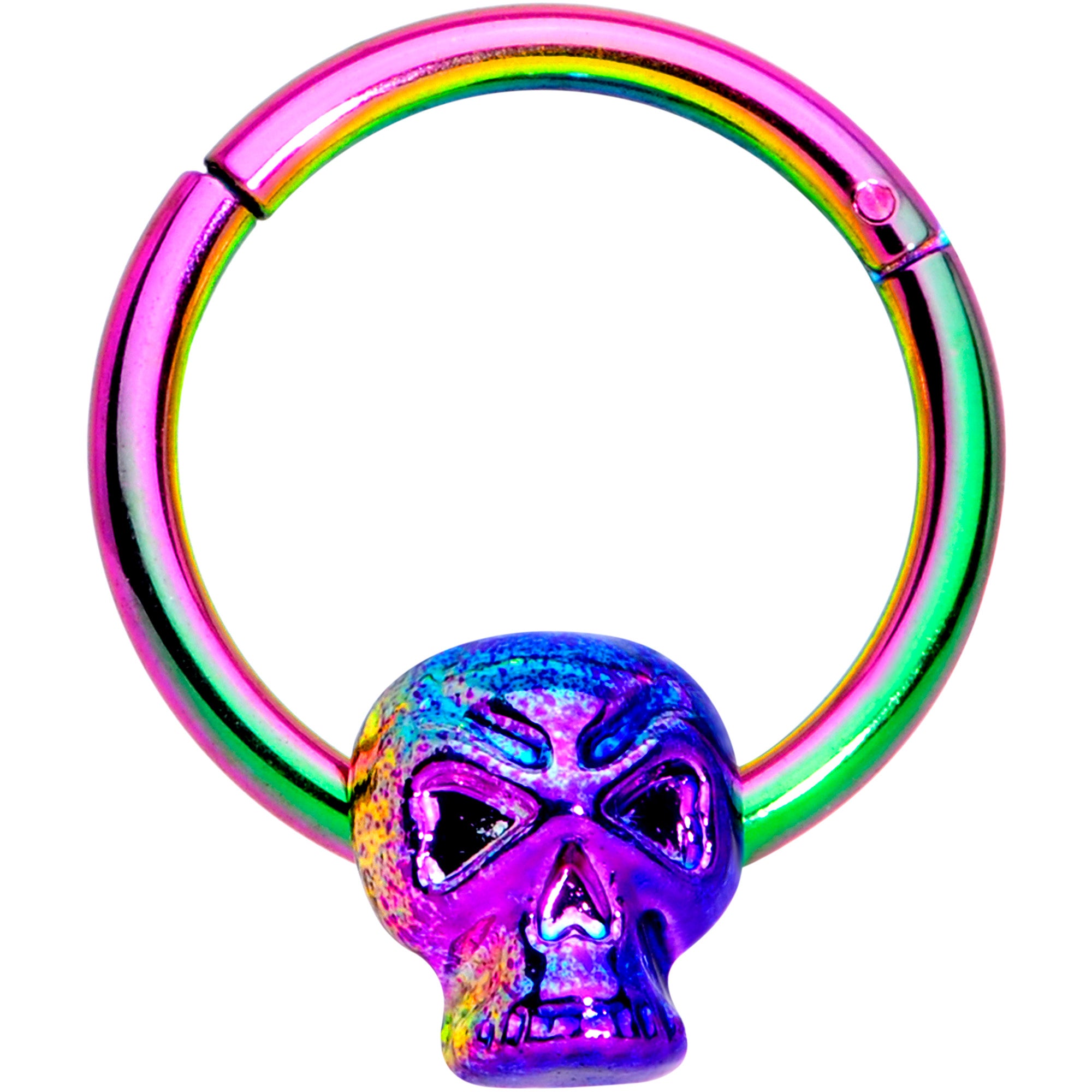 16G 3/8 Rainbow Plated Scary Skull Hinged Segment Ring