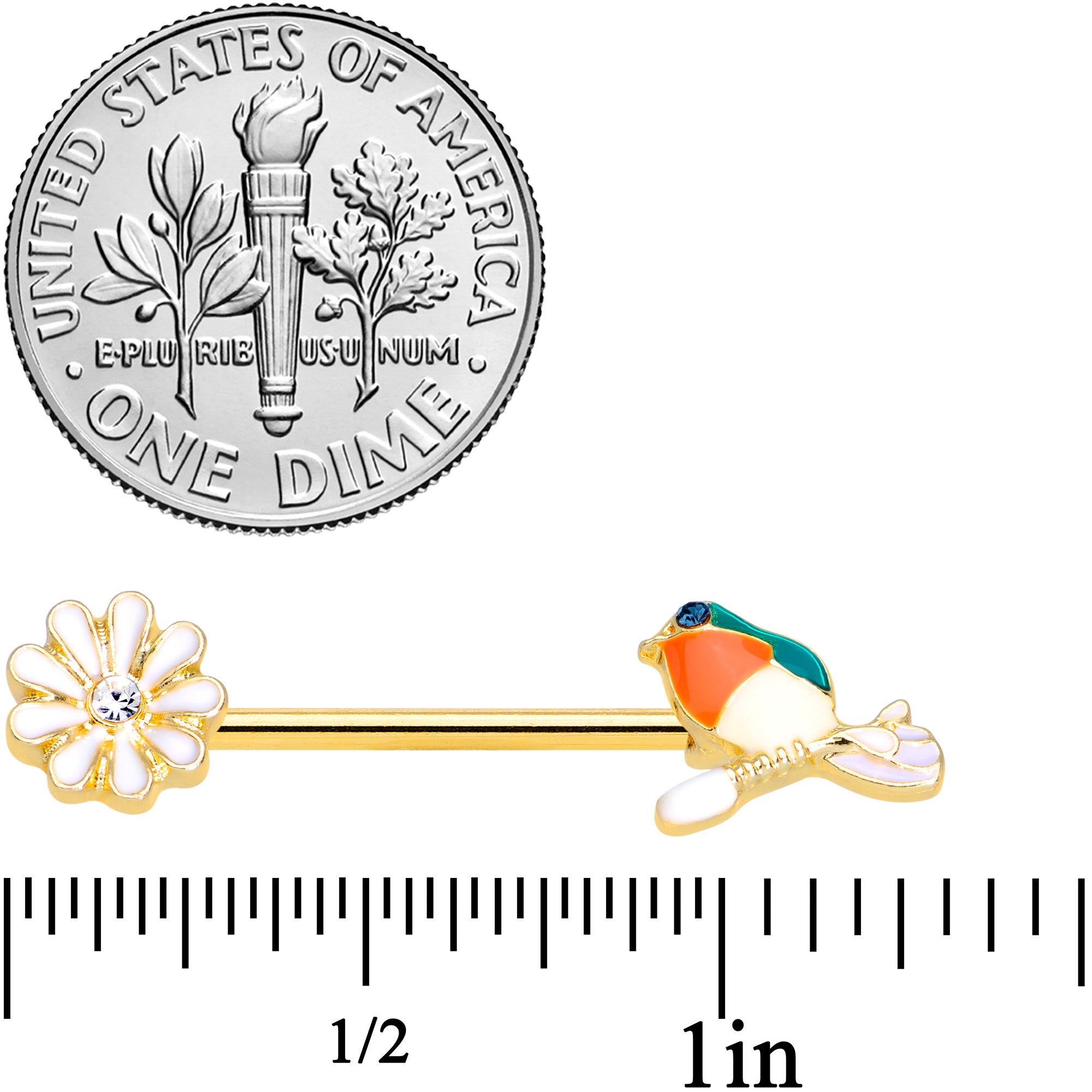 14G 5/8 Clear Blue Gem Gold Tone Perch Bird Barbell Nipple Set