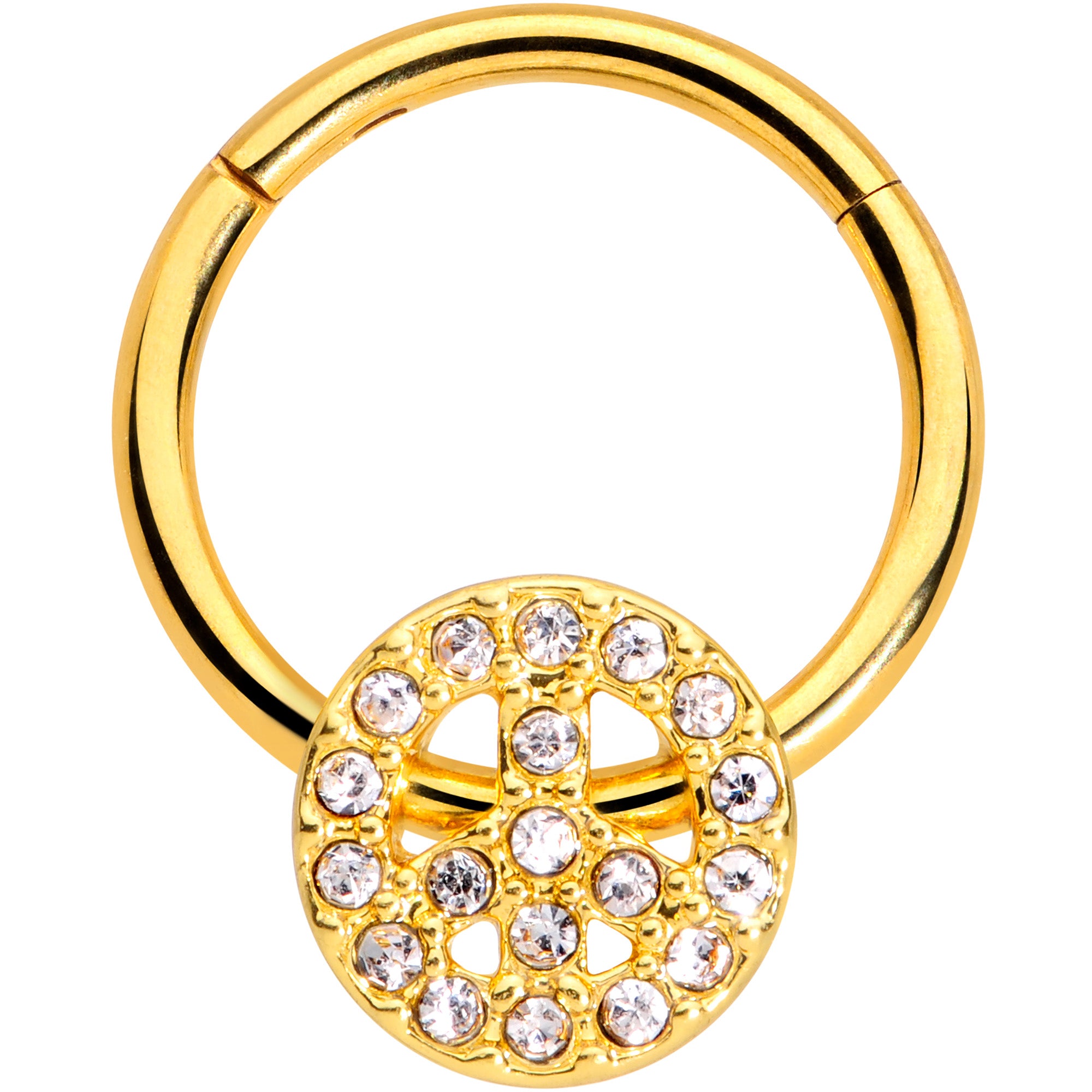 16G 3/8 Clear Gem Gold Tone Peace Sign Hinged Segment Ring
