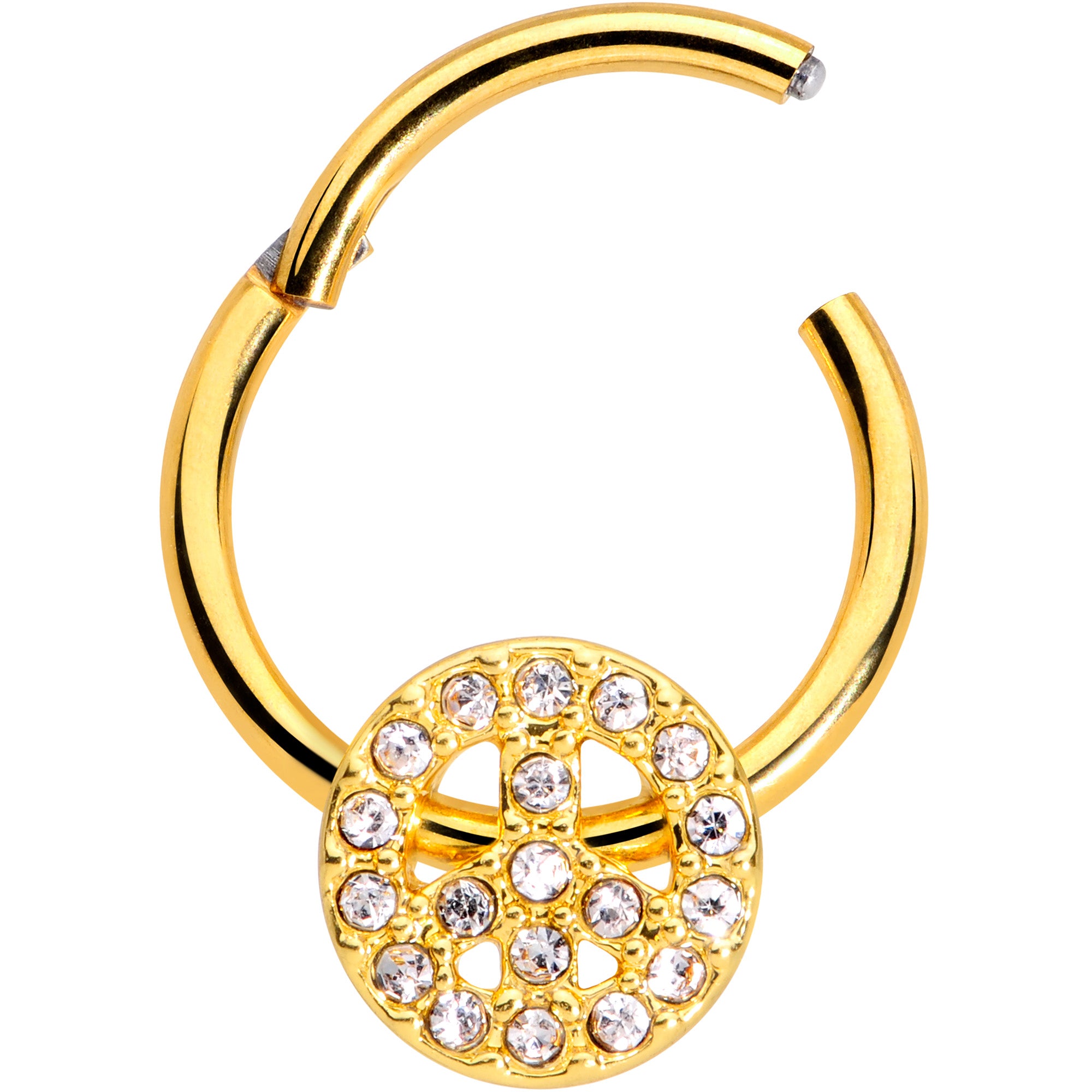 16G 3/8 Clear Gem Gold Tone Peace Sign Hinged Segment Ring