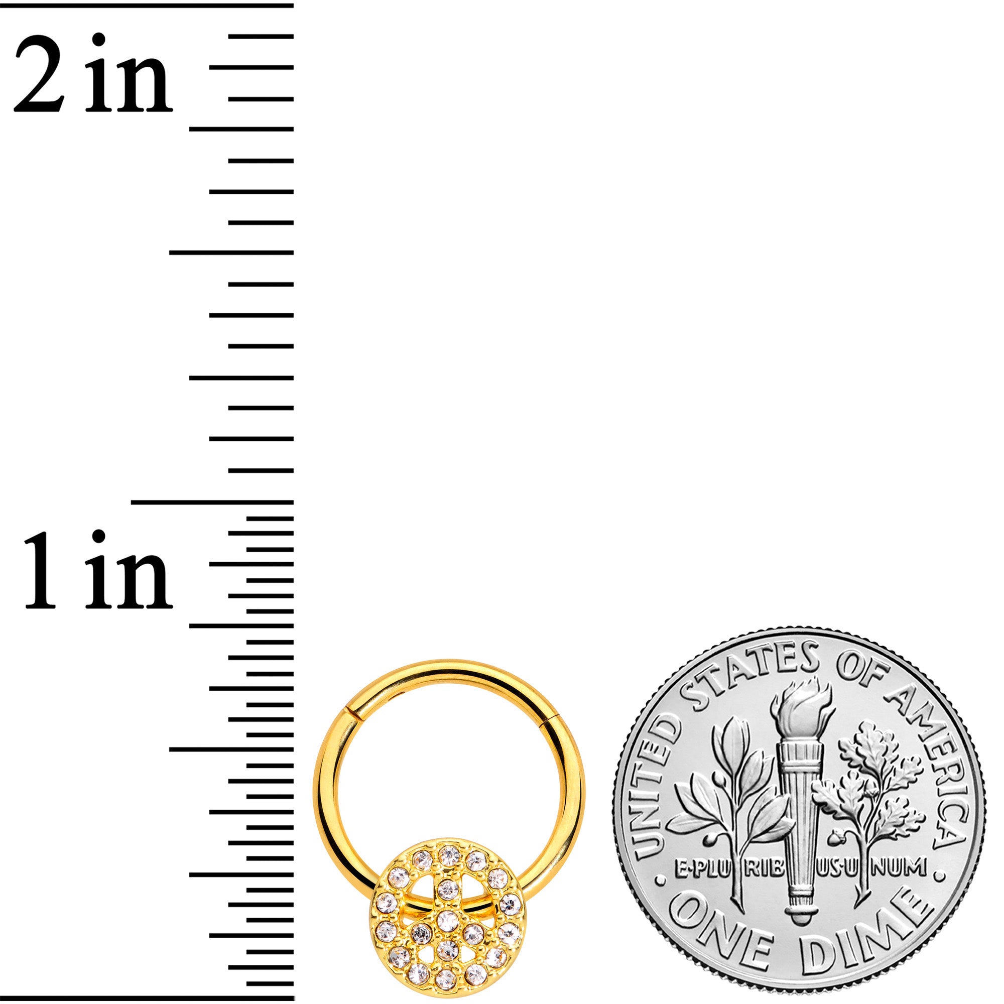 16G 3/8 Clear Gem Gold Tone Peace Sign Hinged Segment Ring