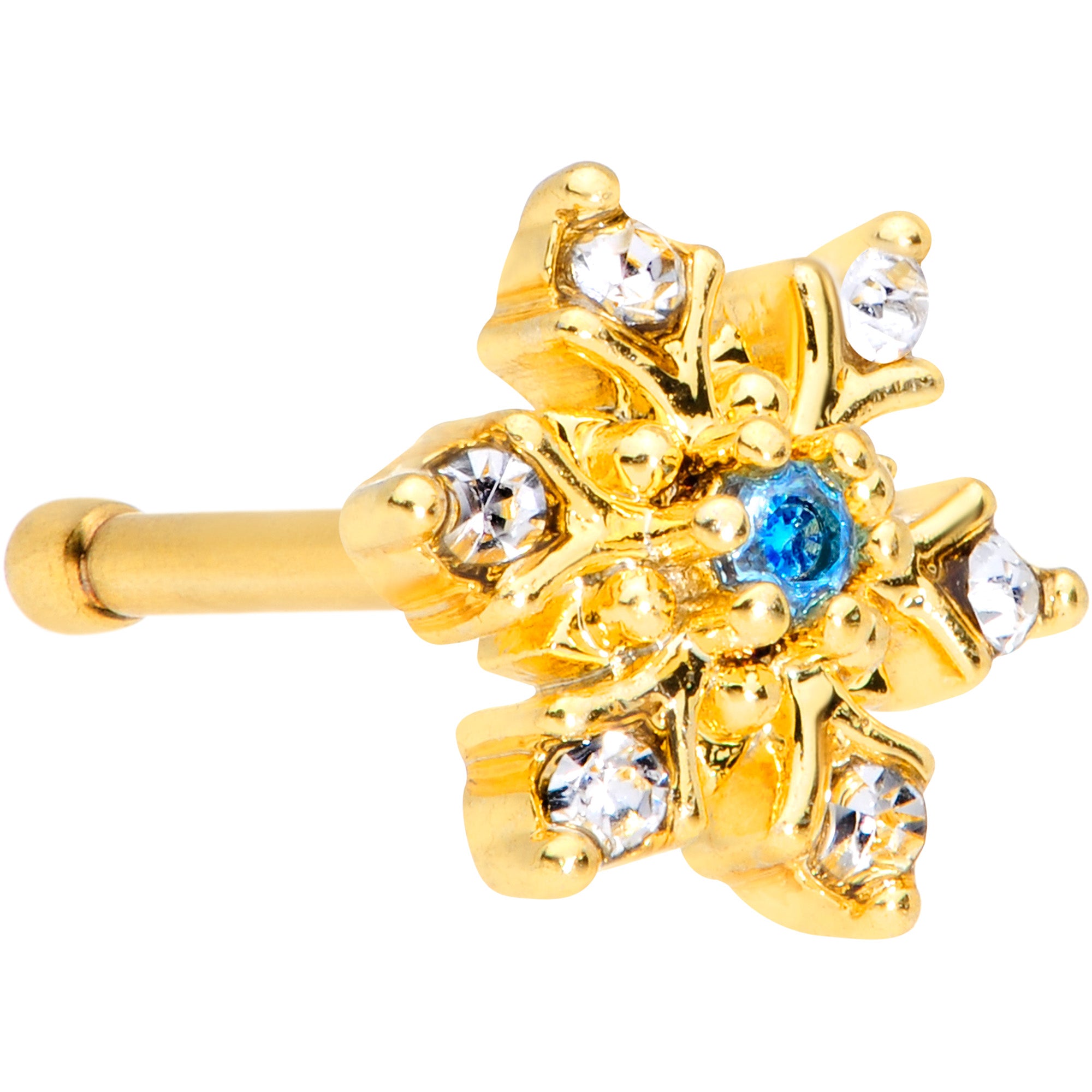 20G 1/4 Blue CZ Gold Tone Snowflake Christmas Nose Bone