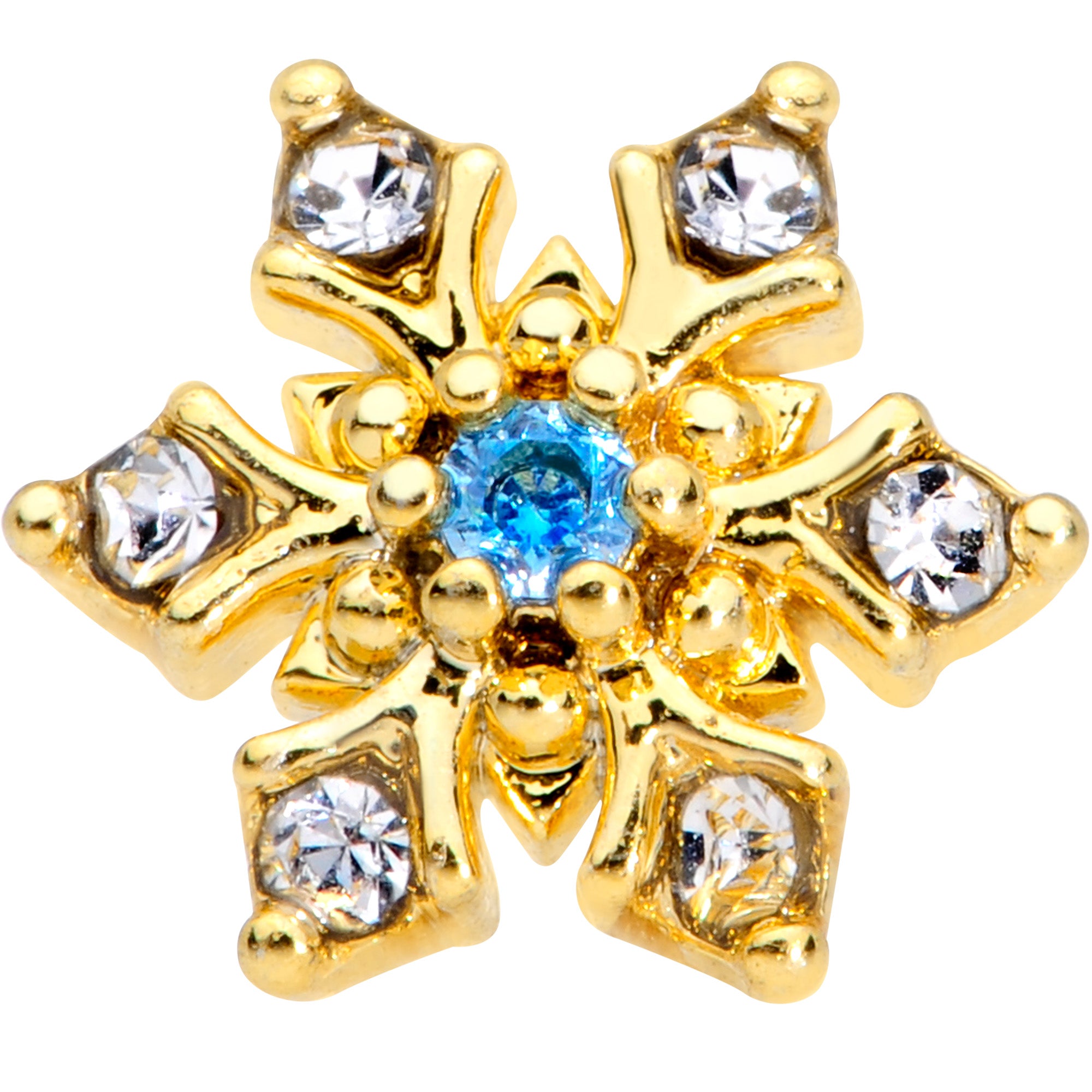 20G 1/4 Blue CZ Gold Tone Snowflake Christmas Nose Bone