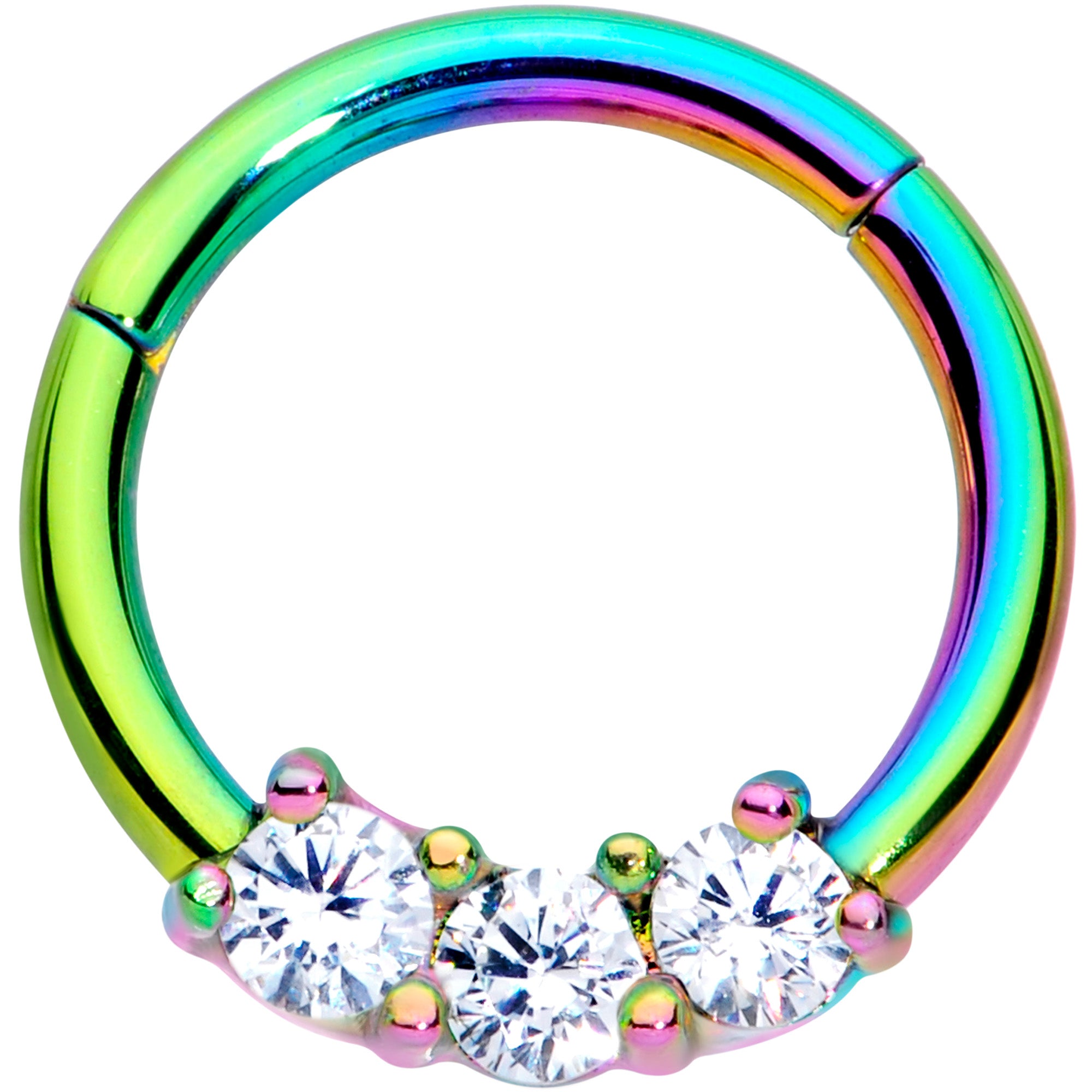 16G 5/16 Clear CZ Gem Rainbow Trio Hinged Segment Ring