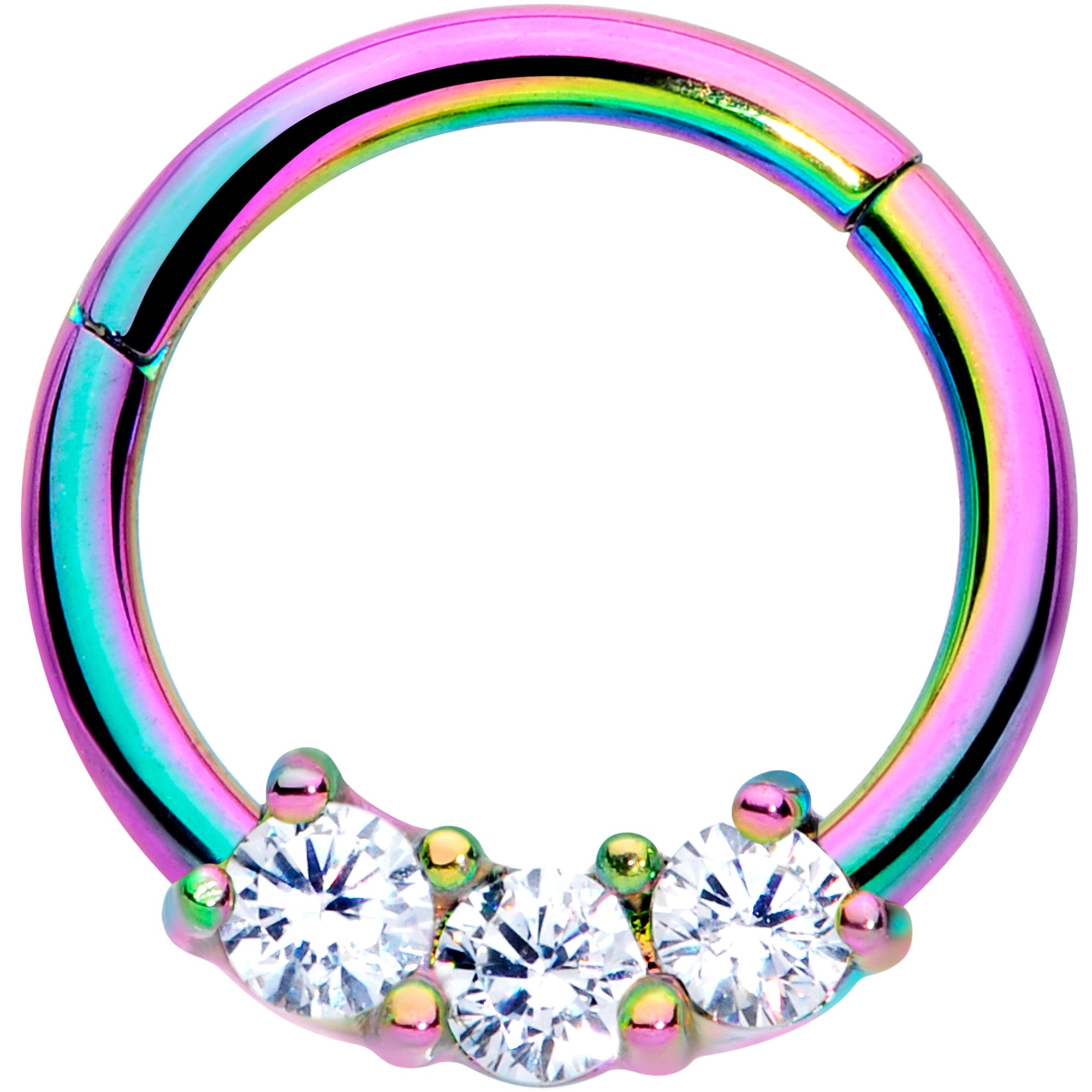 16G 5/16 Clear CZ Gem Rainbow Trio Hinged Segment Ring