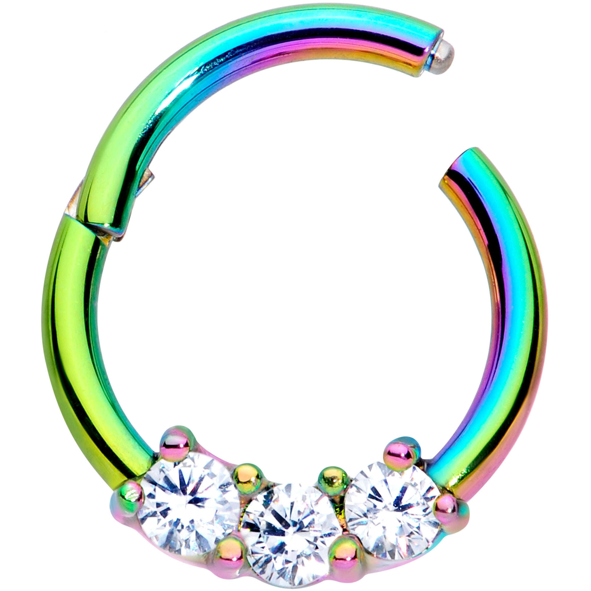 16G 5/16 Clear CZ Gem Rainbow Trio Hinged Segment Ring