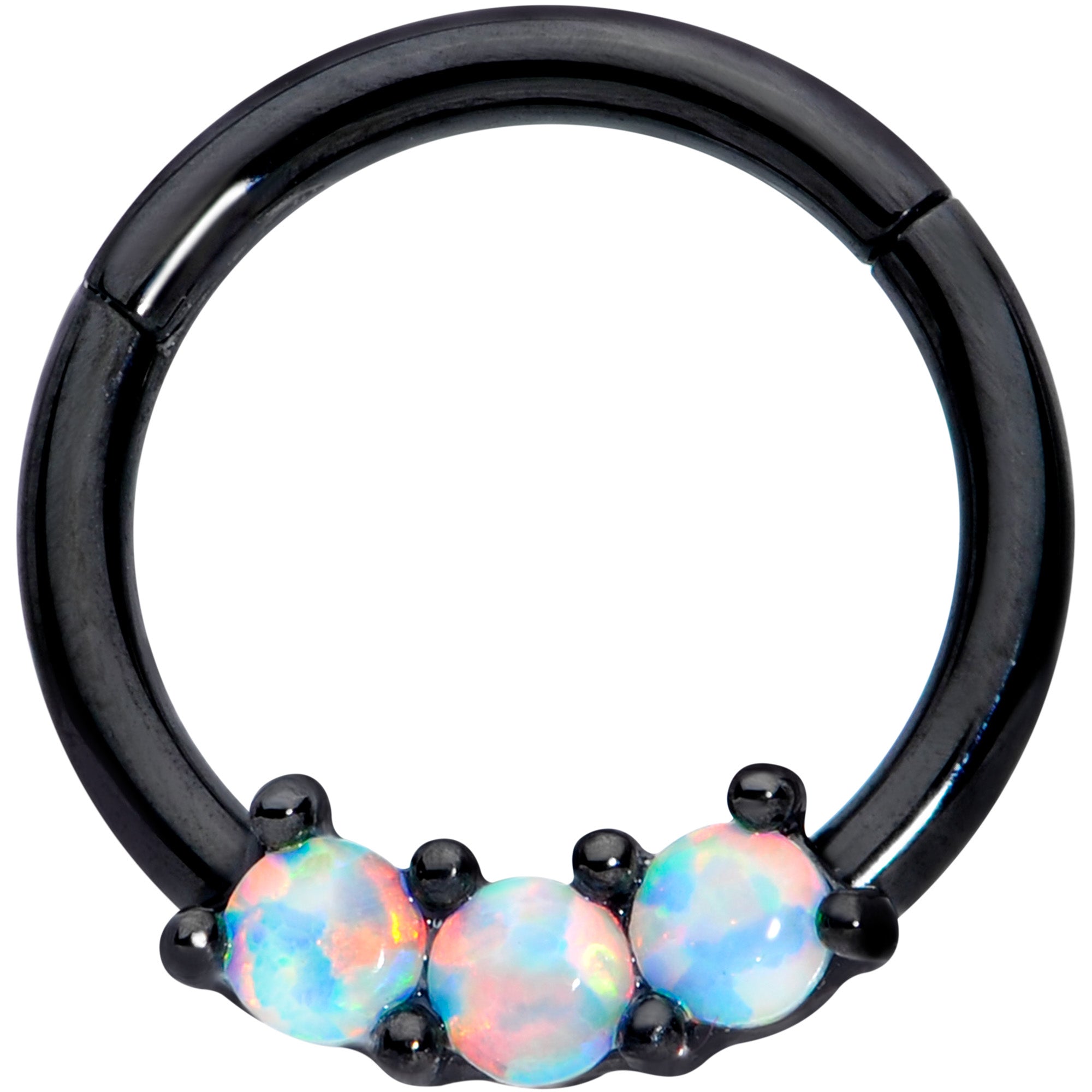 16G 5/16 White Synthetic Opal Black Trio Hinged Segment Ring