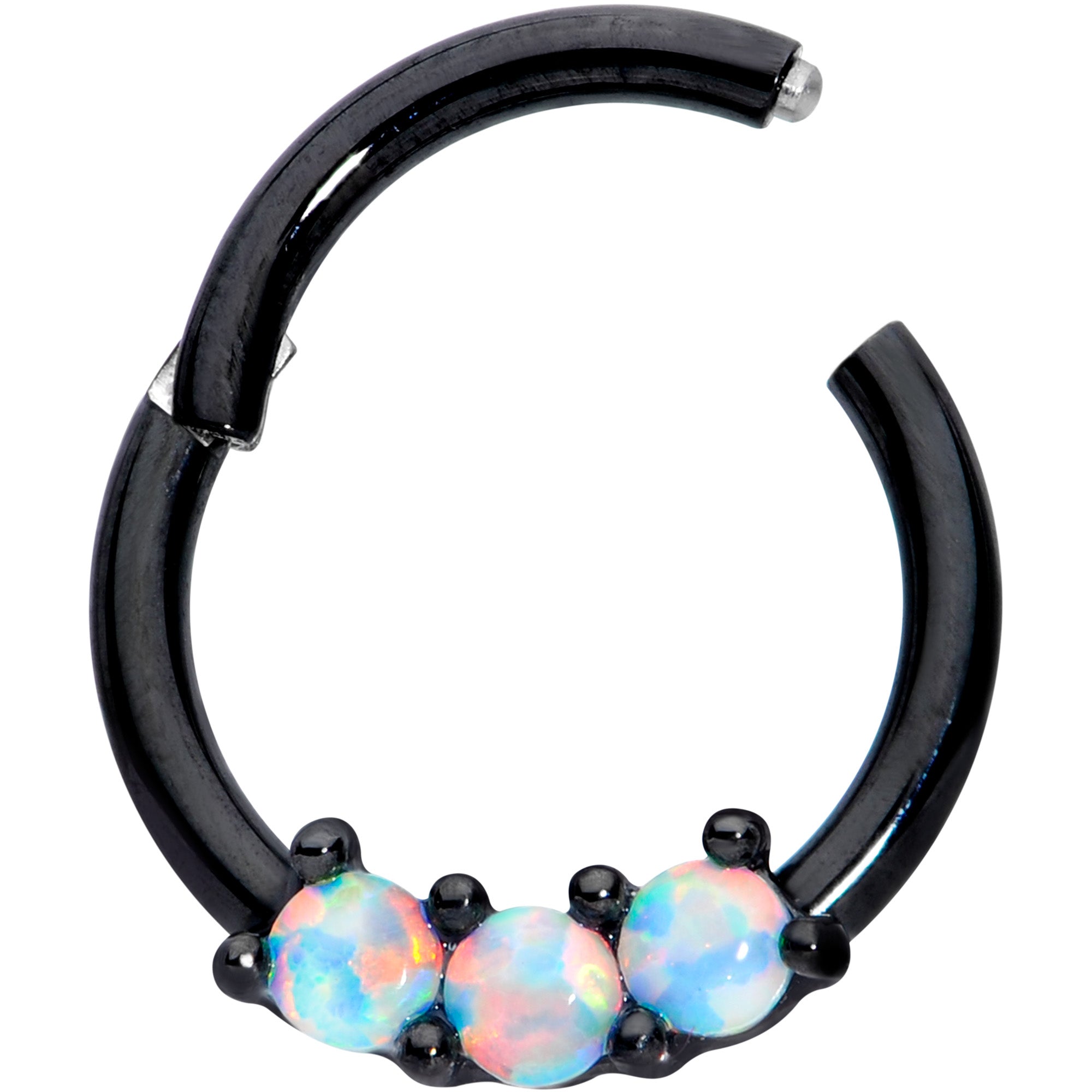 16G 5/16 White Synthetic Opal Black Trio Hinged Segment Ring