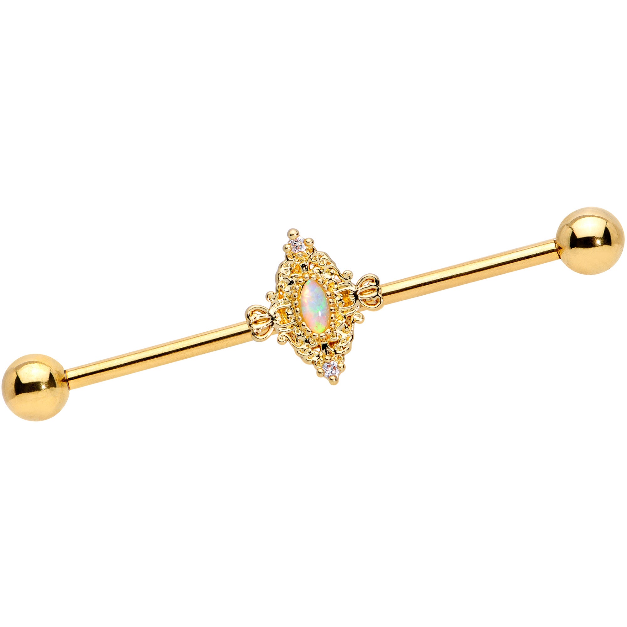 14G White Synthetic Opal Gold Tone Oval Industrial Barbell 38mm