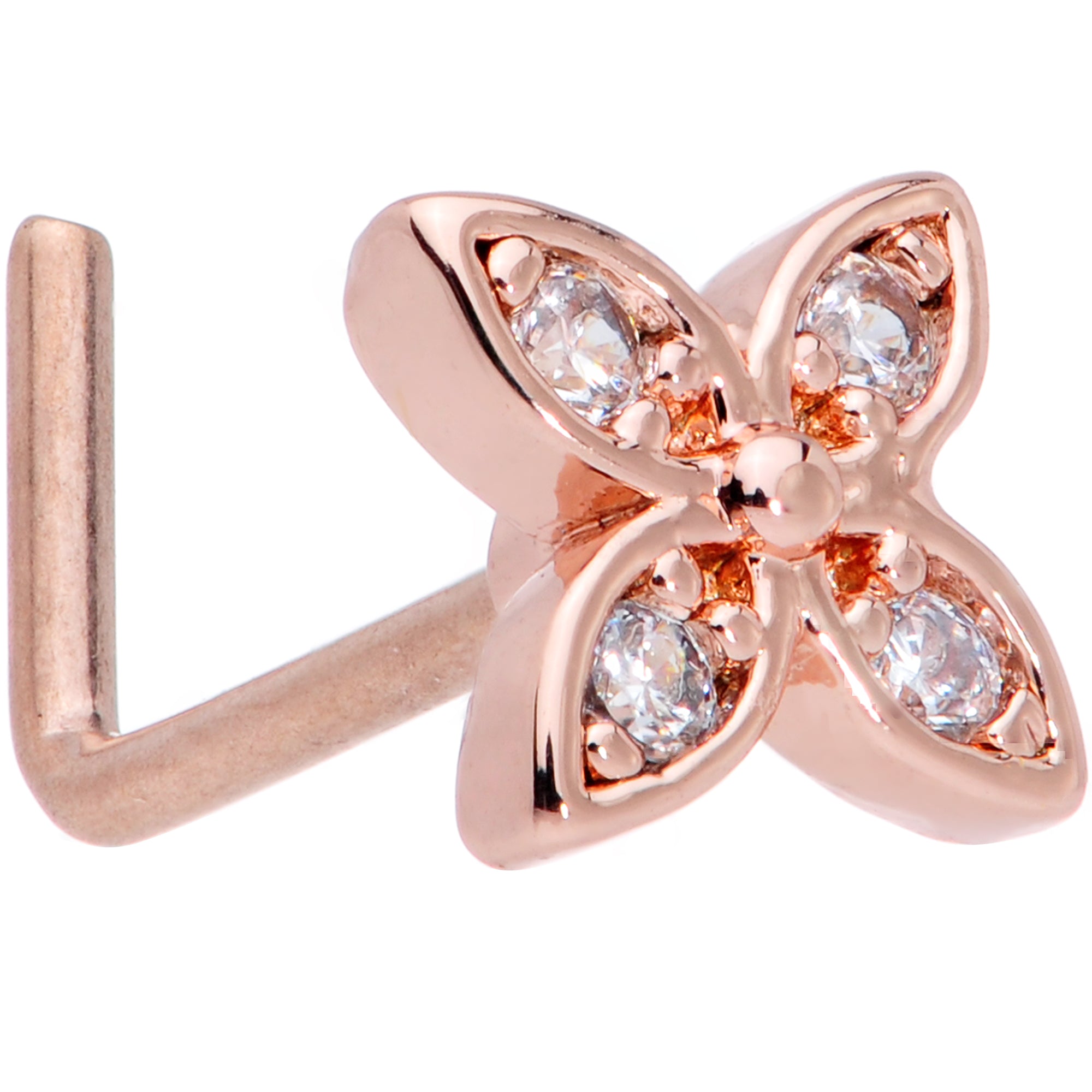 20 Gauge 7mm Clear Gem Rose Gold Tone Butterfly L Shaped Nose Ring