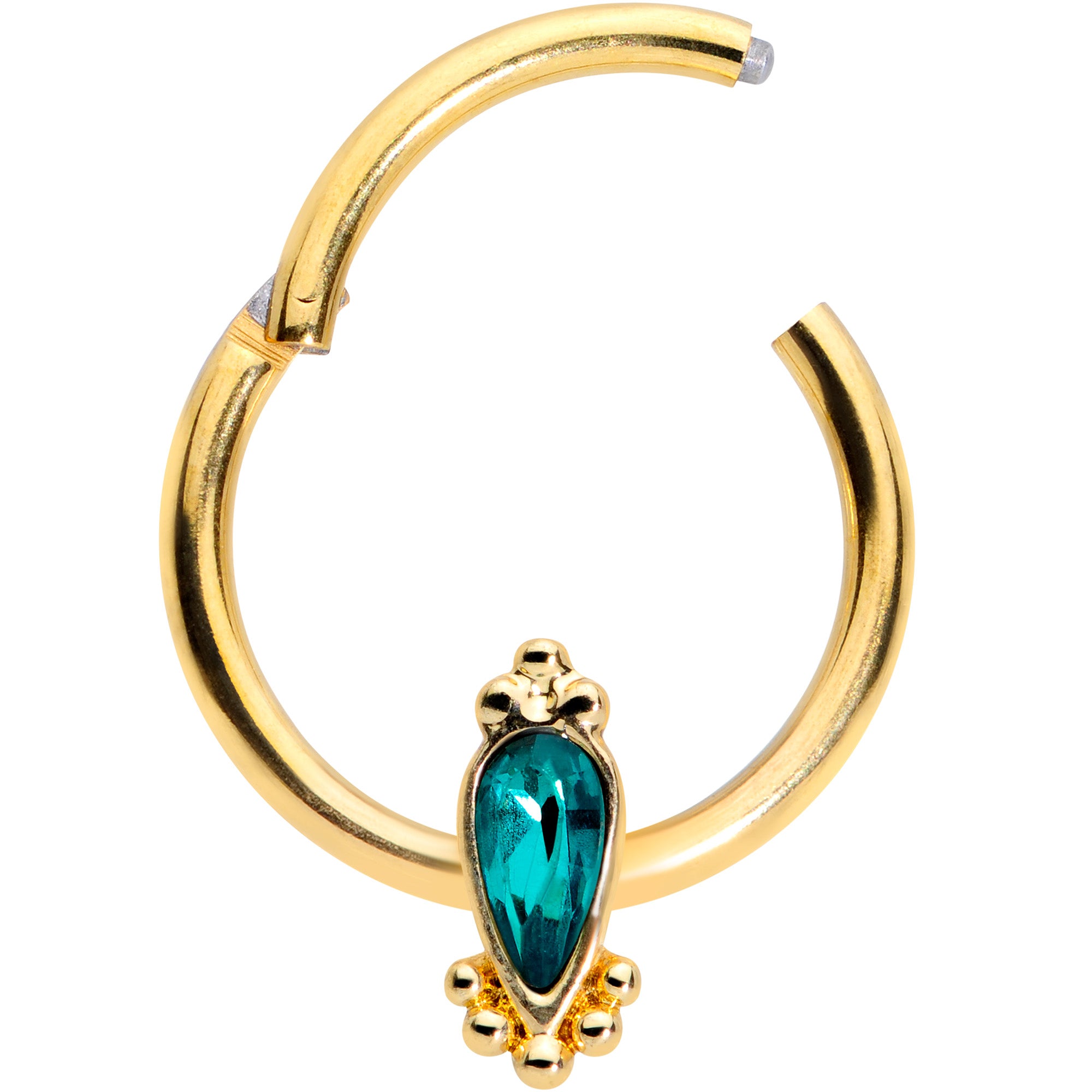 16G 3/8 Green Gem Gold Tone Teardrop Hinged Segment Ring