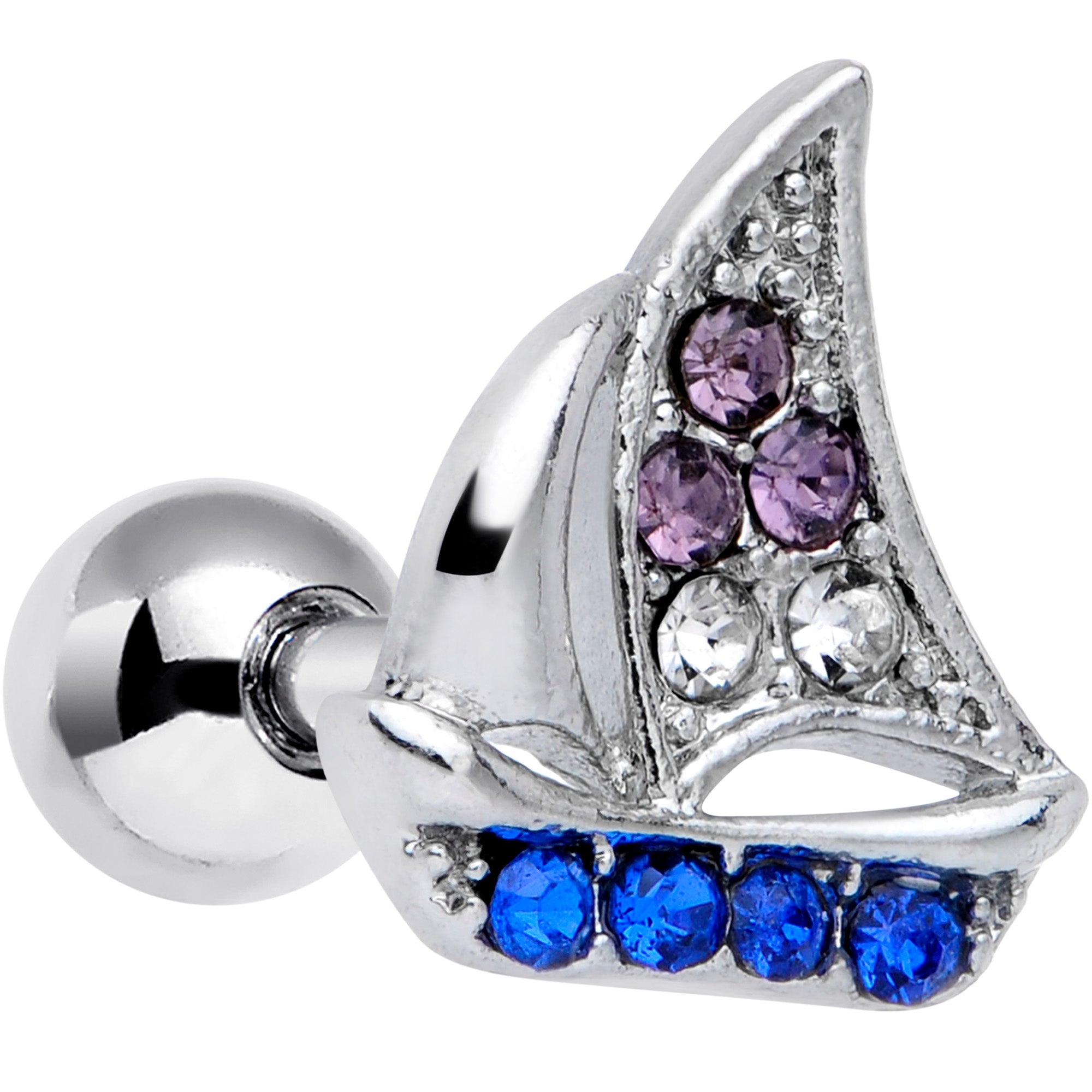 16G 1/4 Blue Purple Gem Sailboat Cartilage Tragus