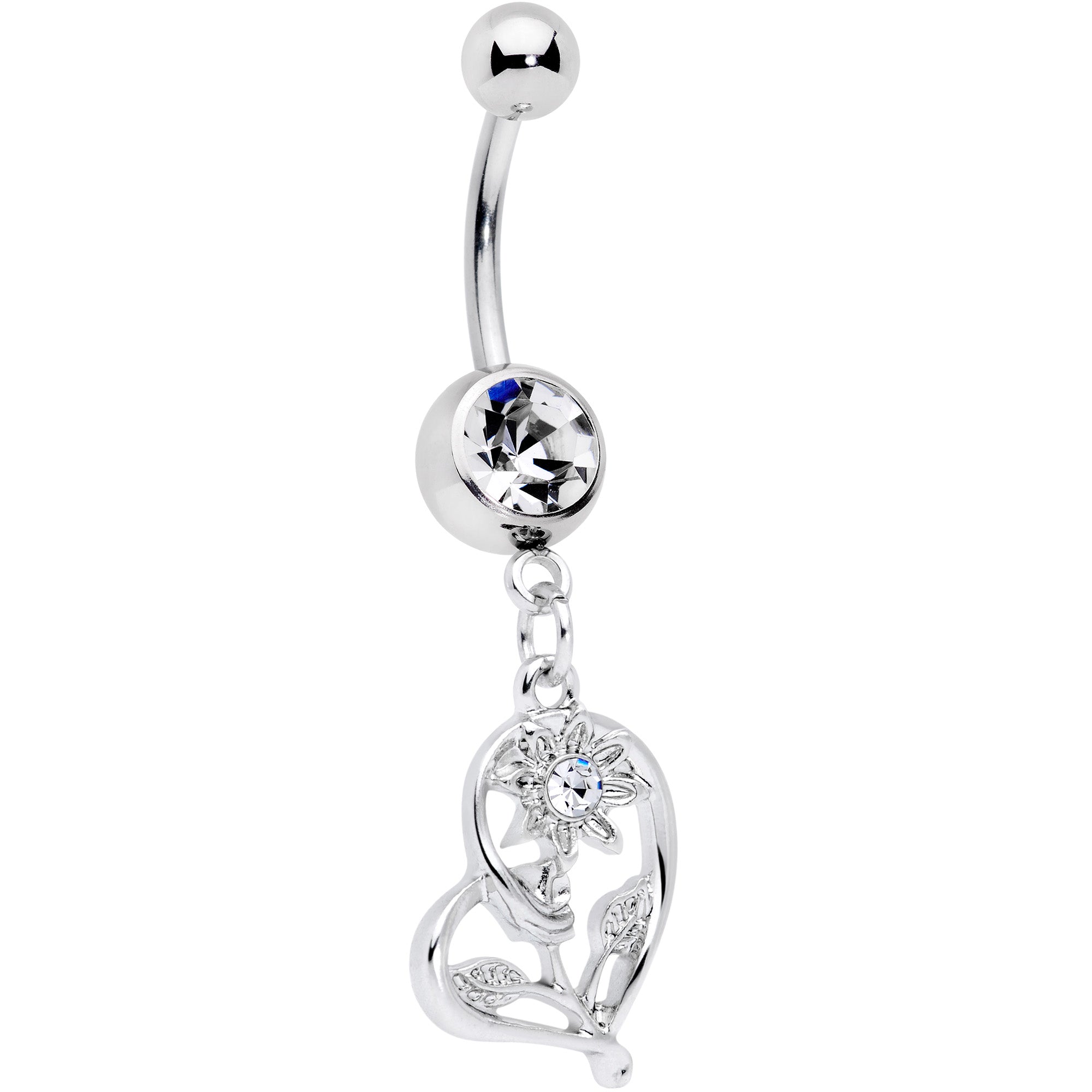 Clear Gem Blossoming Heart Flower Dangle Belly Ring